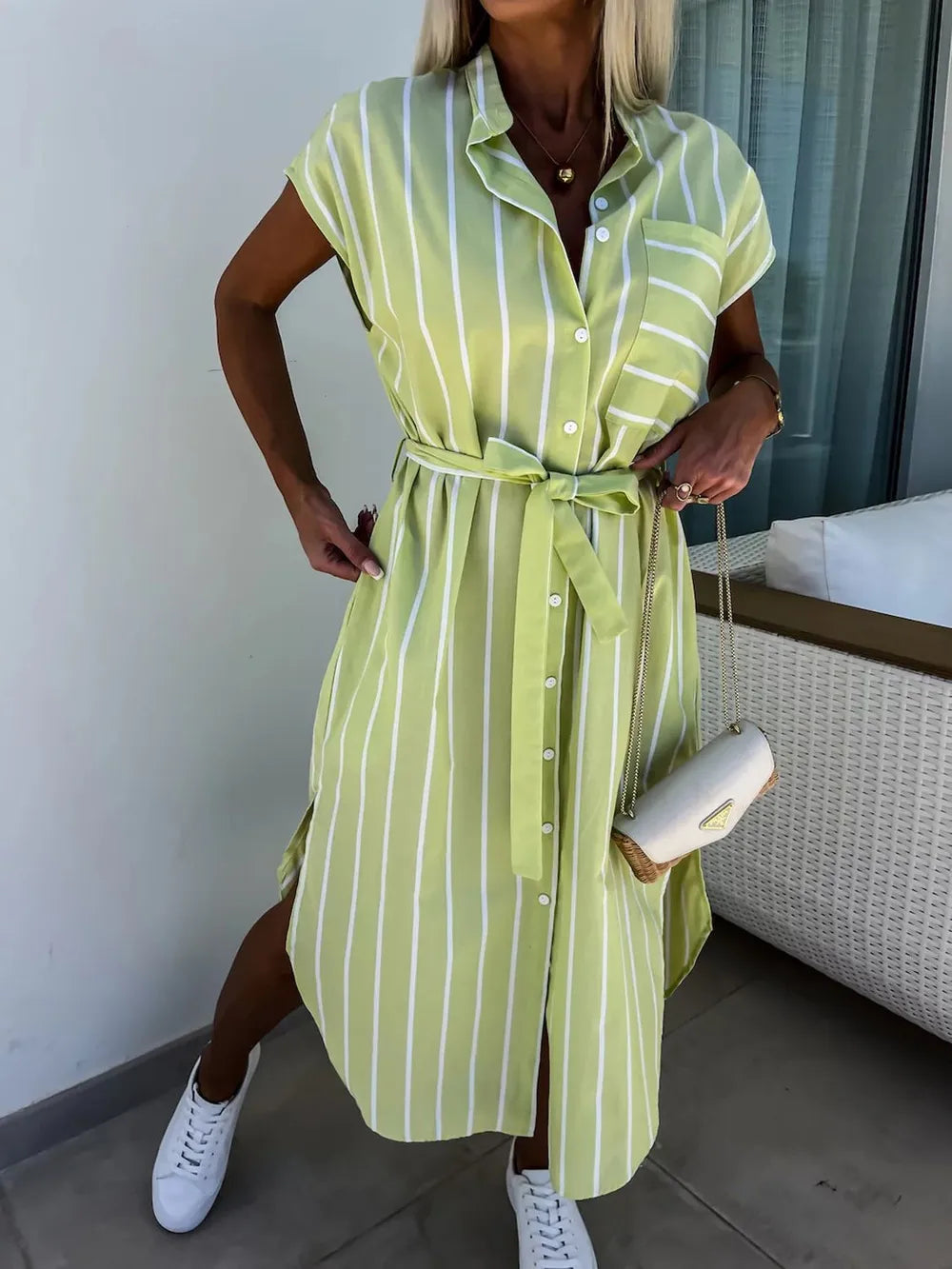 Striped Tie Waist Short Sleeve Dress.