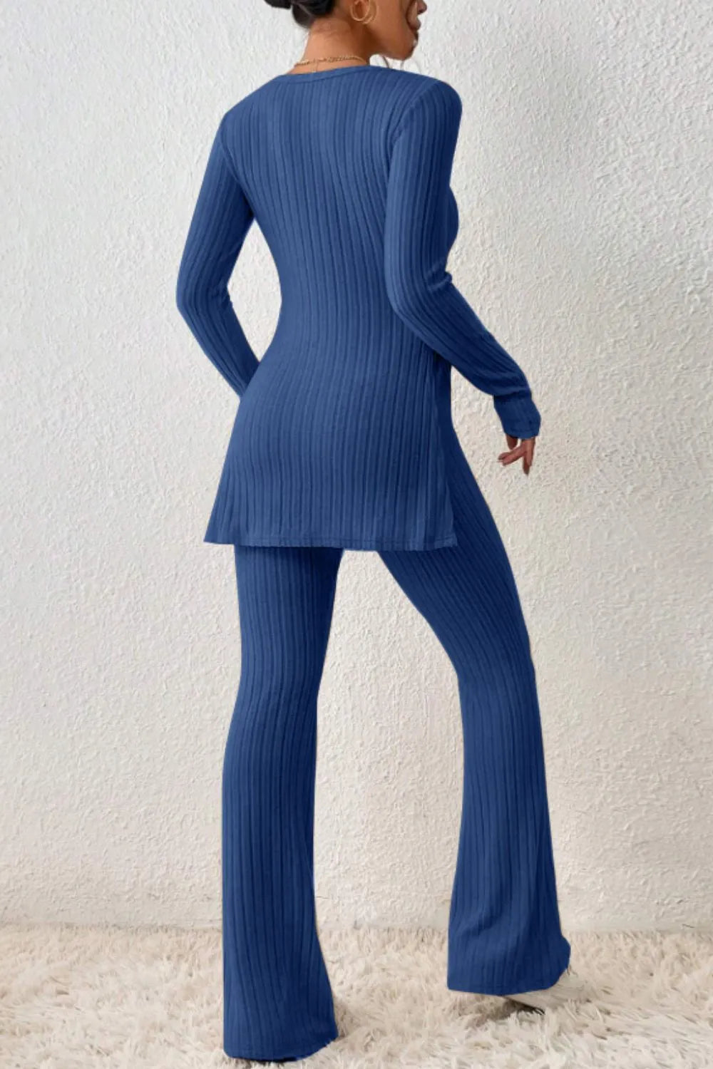 Ribbed Long Sleeve Slit Top and Bootcut Pants Set - CHIC TB
