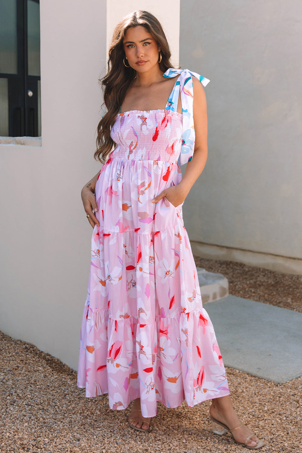 Pink Floral Print Knotted Shoulder Smocked Maxi Dress Dear-Lover Dropshipping