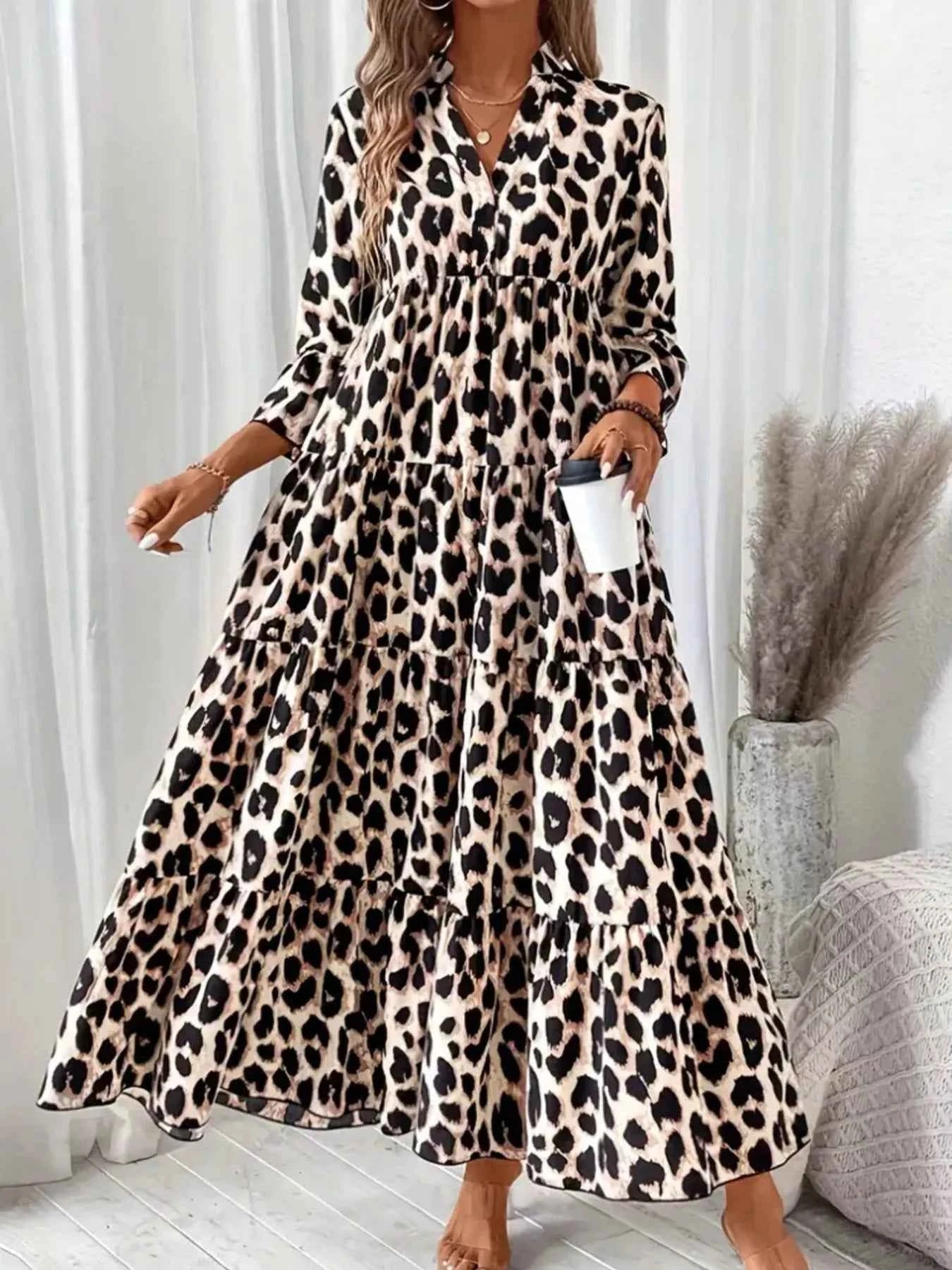 Leopard 3/4 Sleeve Midi Dress