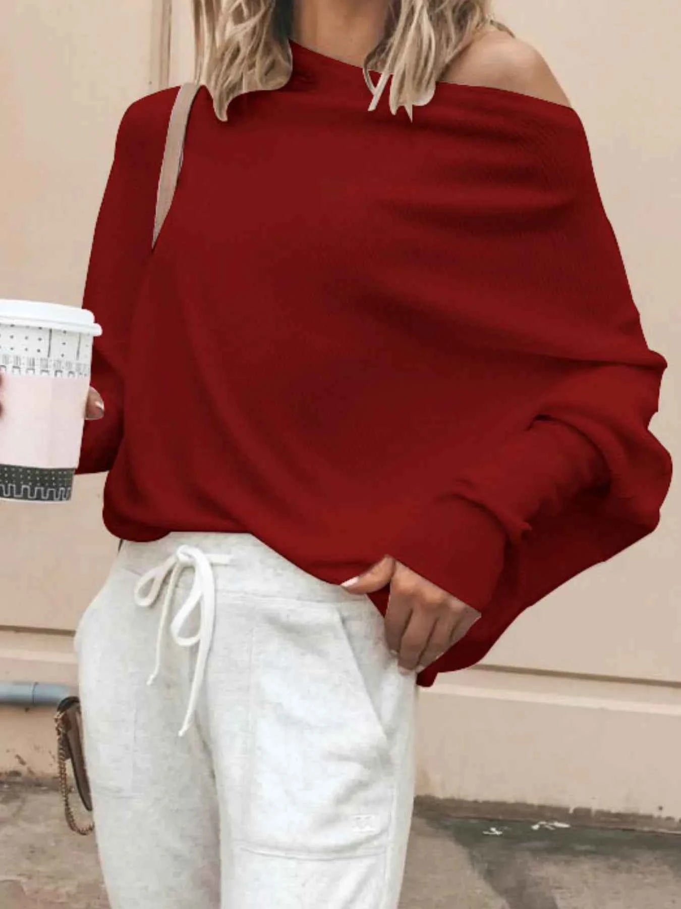 Single Shoulder Ribbed Knit Top.