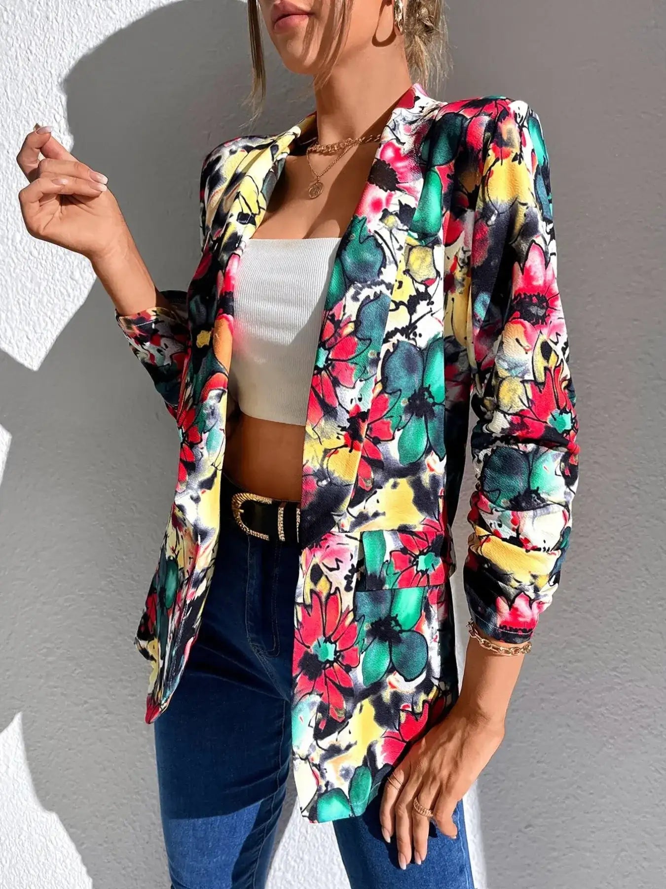 Vibrant Floral Print Open Front Blazer.