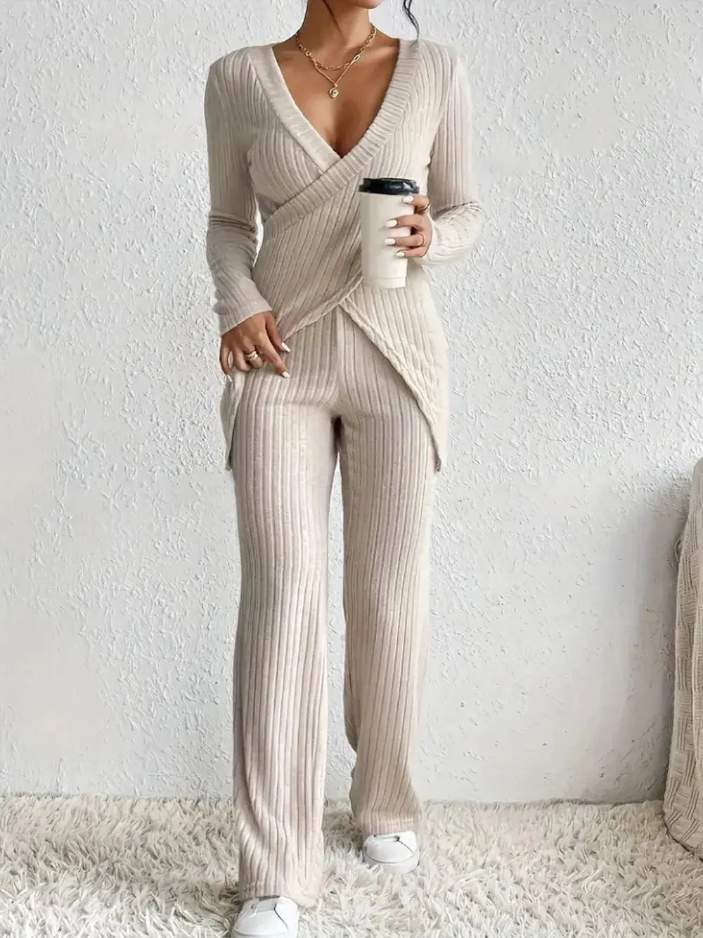 Surplice Long Sleeve Top and Pants Set.