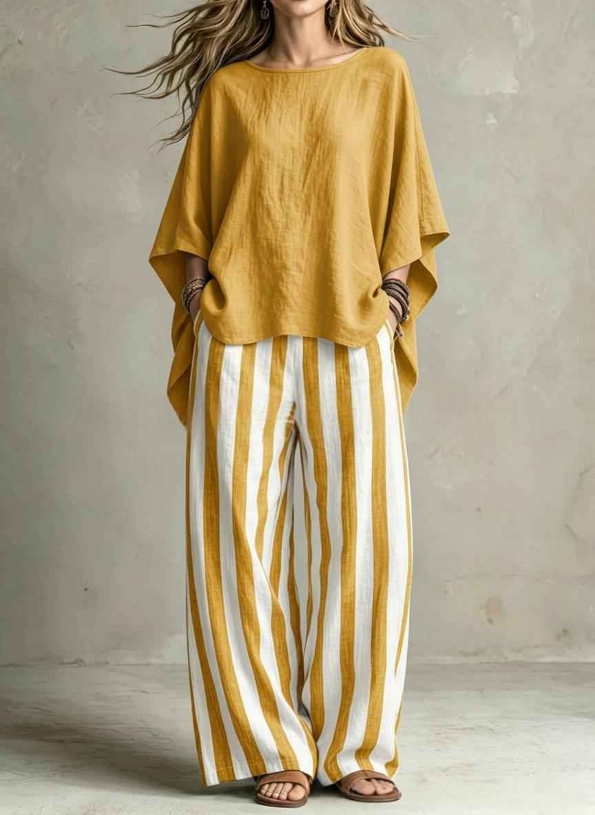 Womens Striped Pants And Cotton-Linen Top Set With Batwing Sleeves