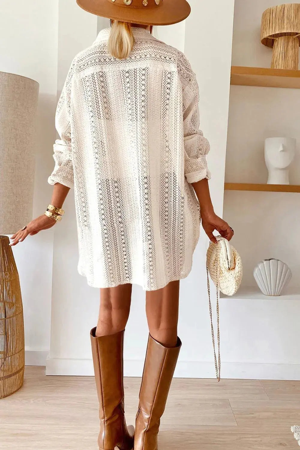 Lace Crochet Collared Neck Oversized Shirt.