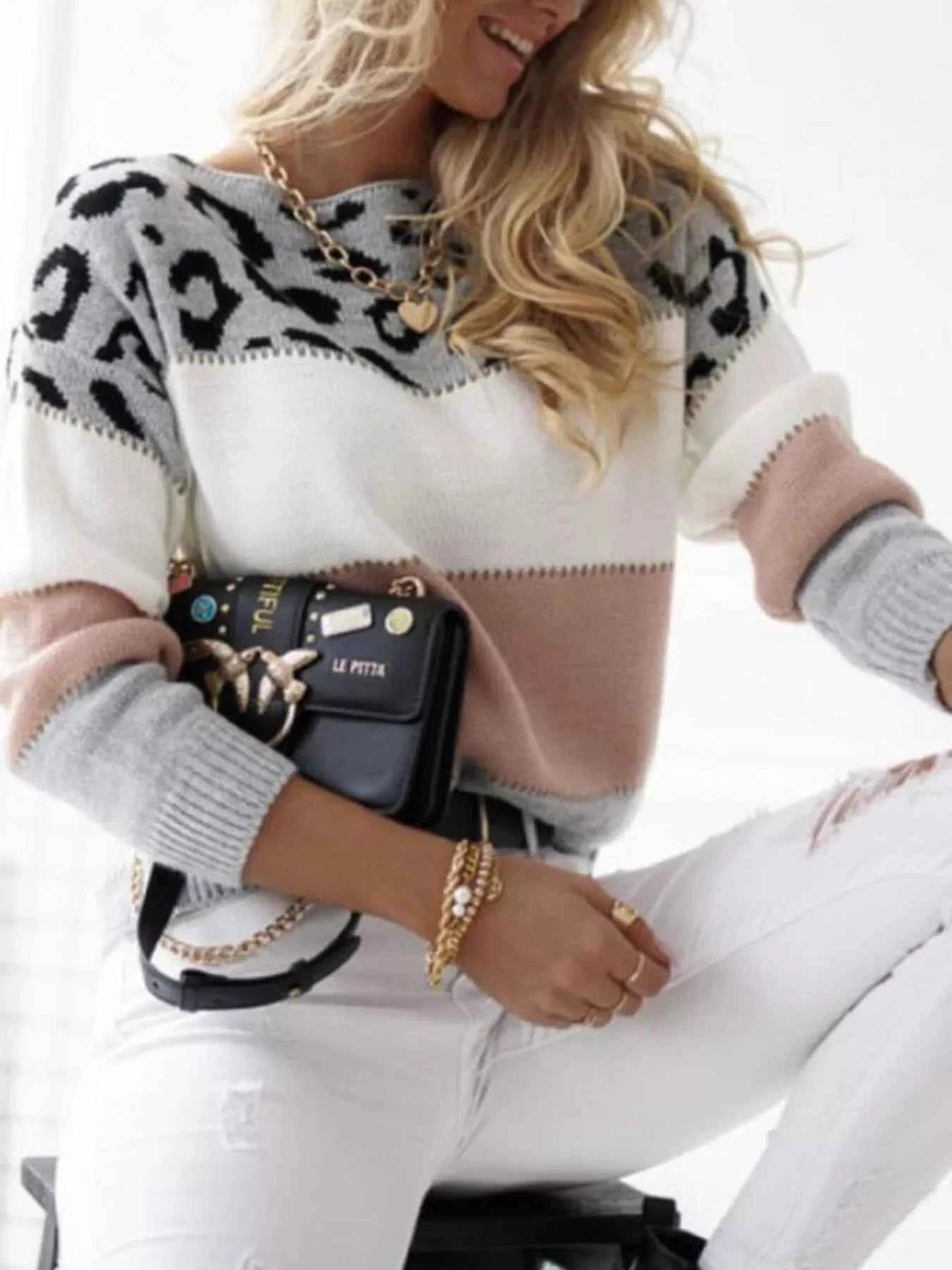 Full Size Leopard Color Block Long Sleeve Sweater Plus Size