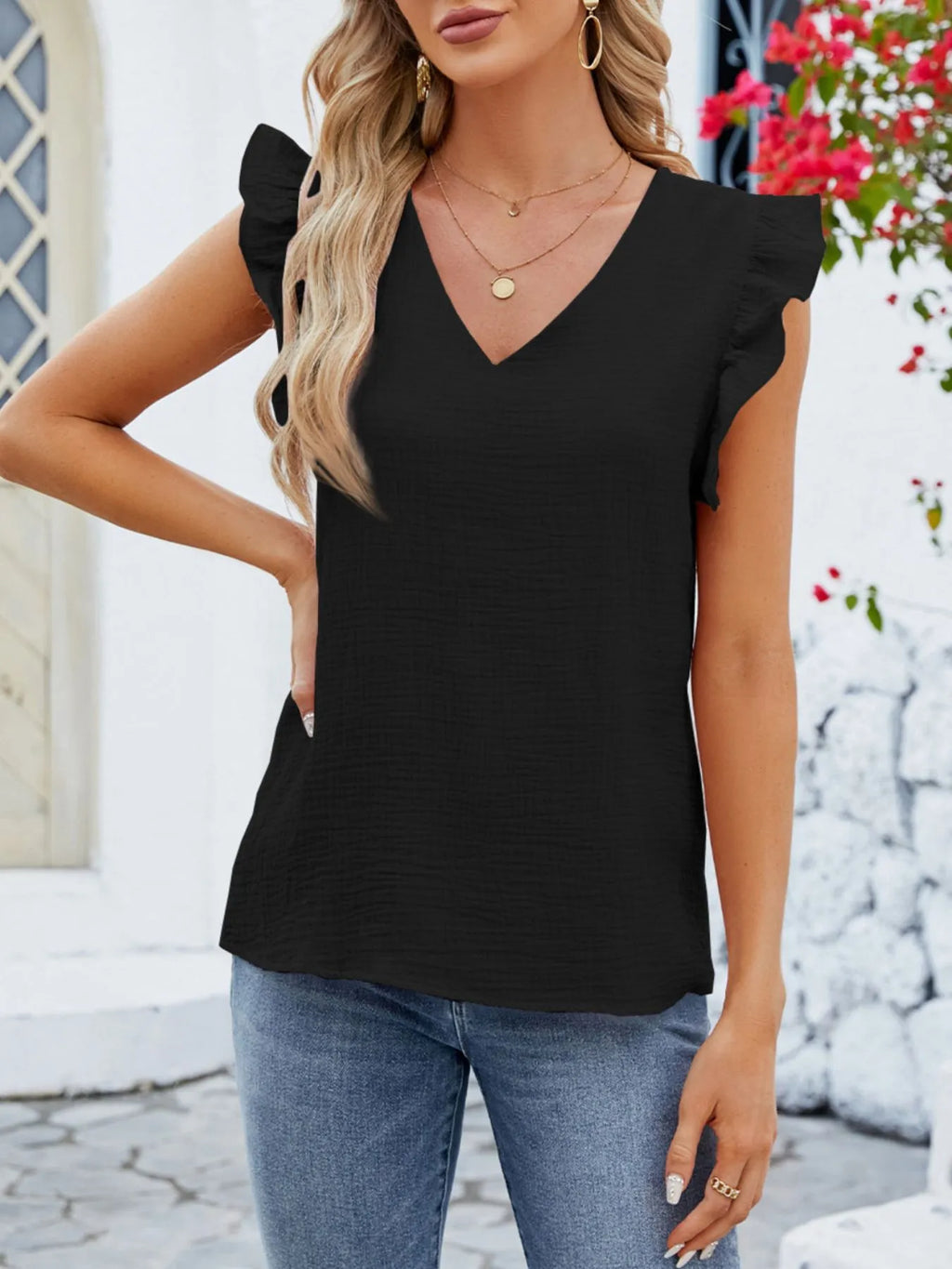 V-Neck Ruffled Sleeve Top.