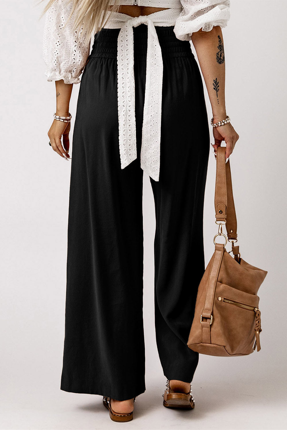 Black Drawstring Elastic Waist Casual Wide Leg Pants Dear-Lover Dropshipping