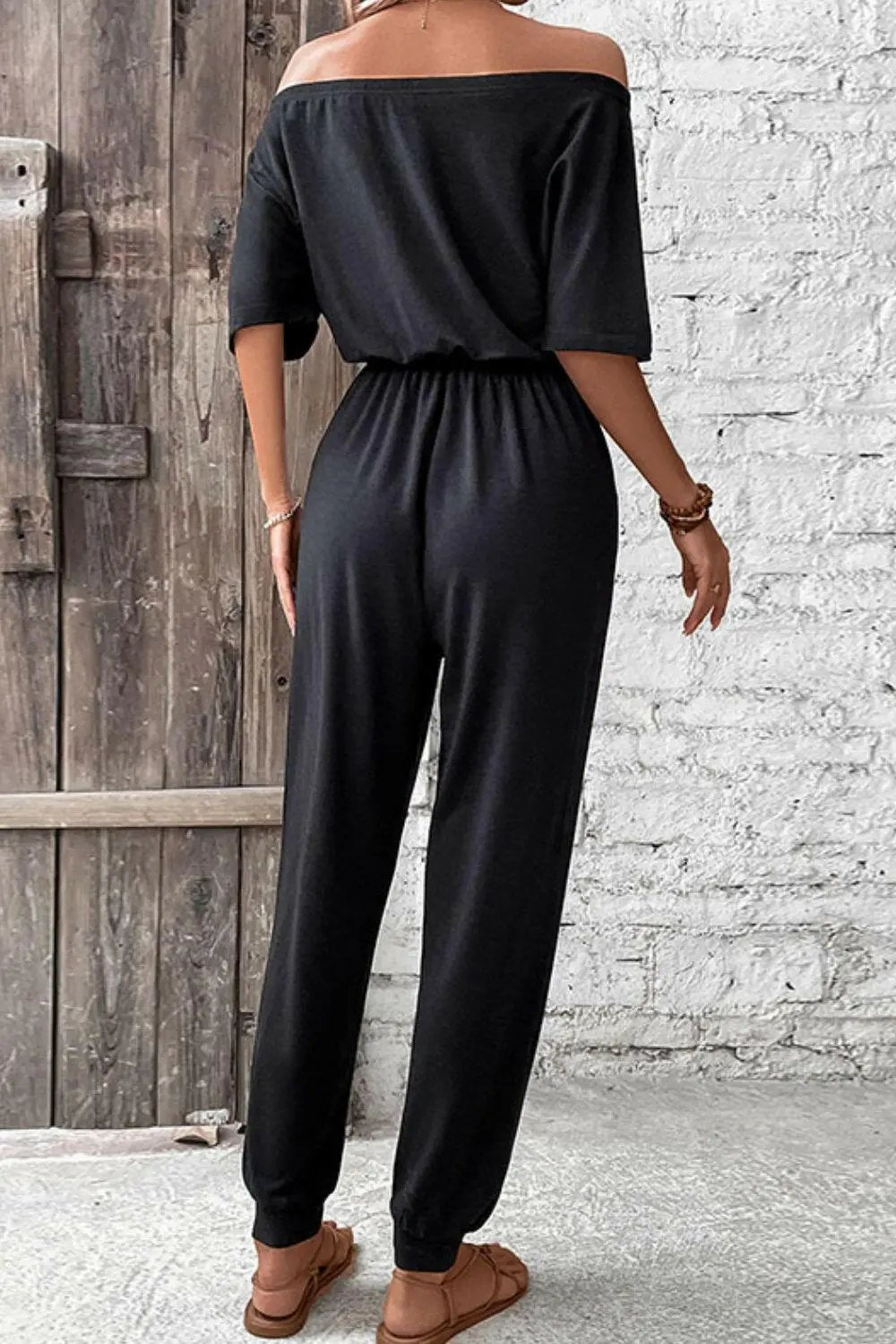Perfee Off-Shoulder Jumpsuit with Pockets.