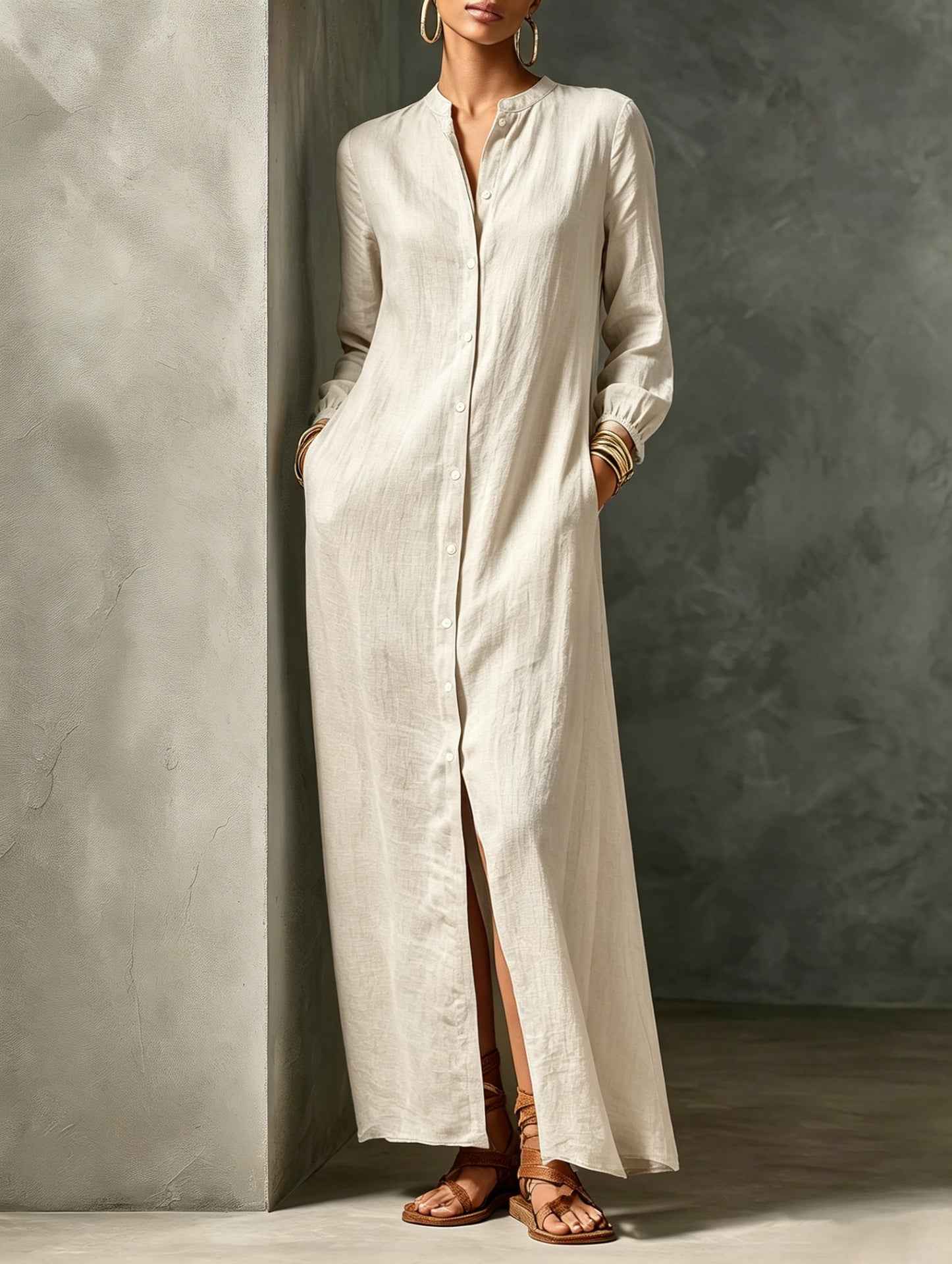 Womens Solid-color Mandarin-collar Long-sleeve Side-slit Pocket Dress