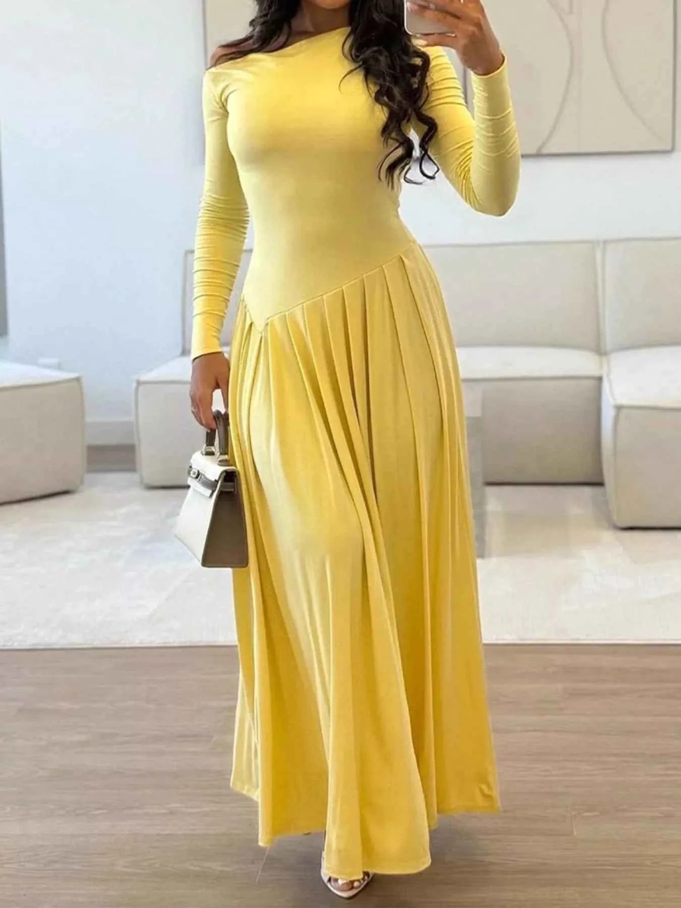 Ruched One Shoulder Long Sleeve Dress