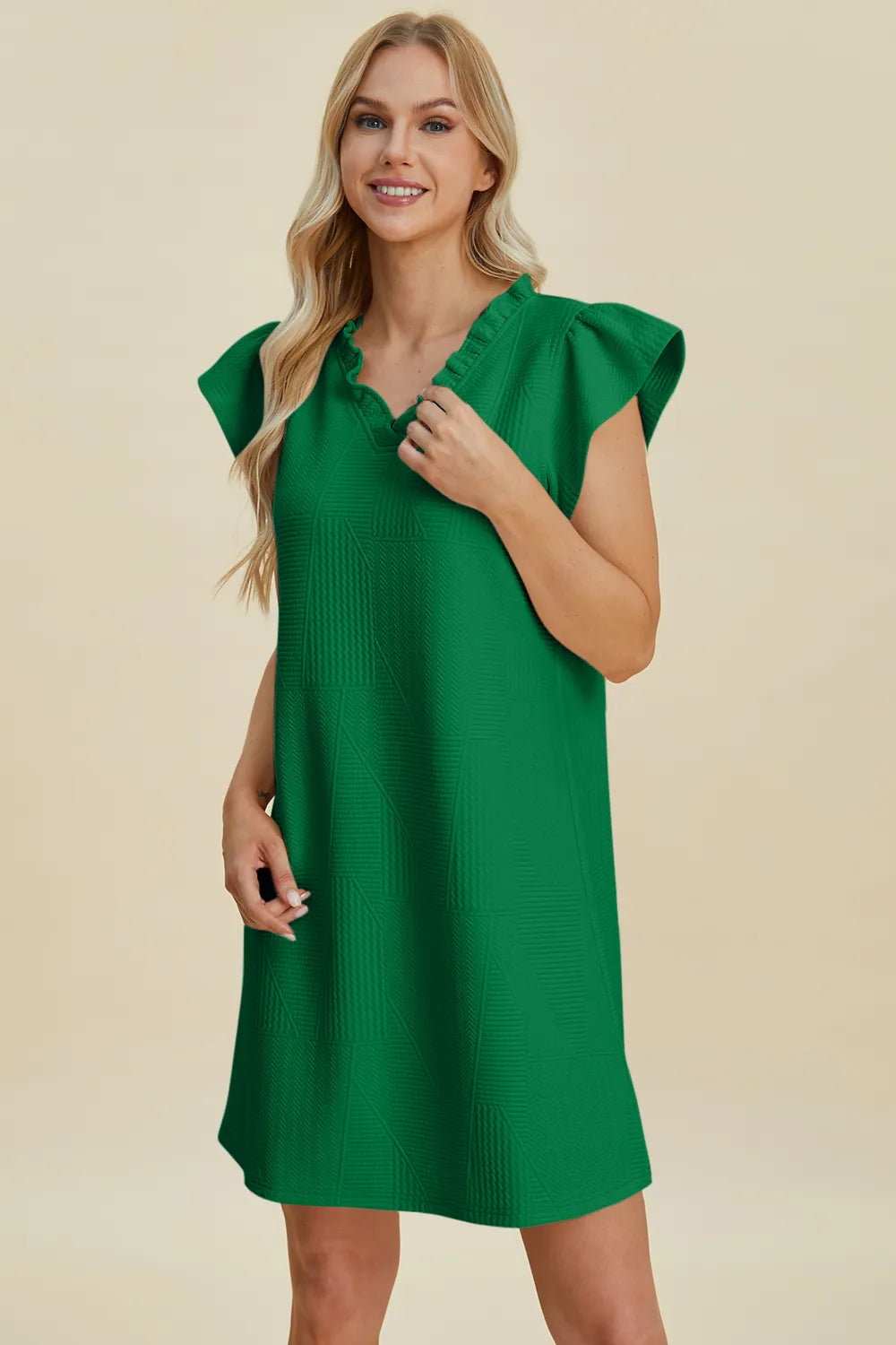 Double Take Full Size Ruffled V-Neck Cap women Sleeve Dress.