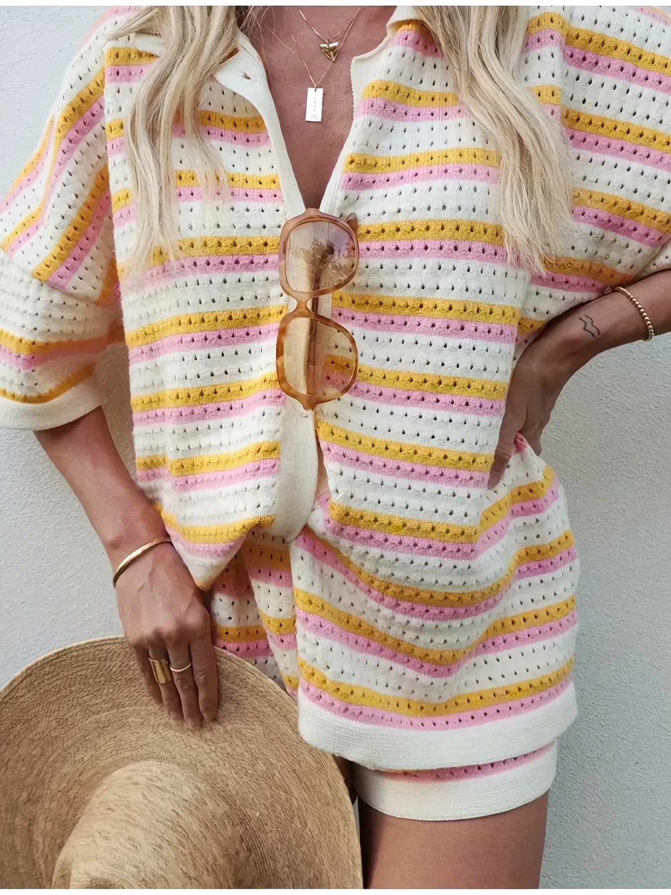 Colorful Striped Button Up Top and Shorts Sweater Set.