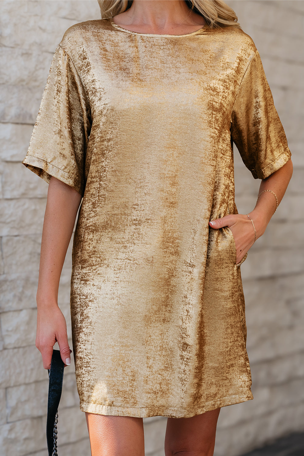 Gold Metallic Luster Crewneck Mini T-Shirt Dress Dear-Lover Dropshipping