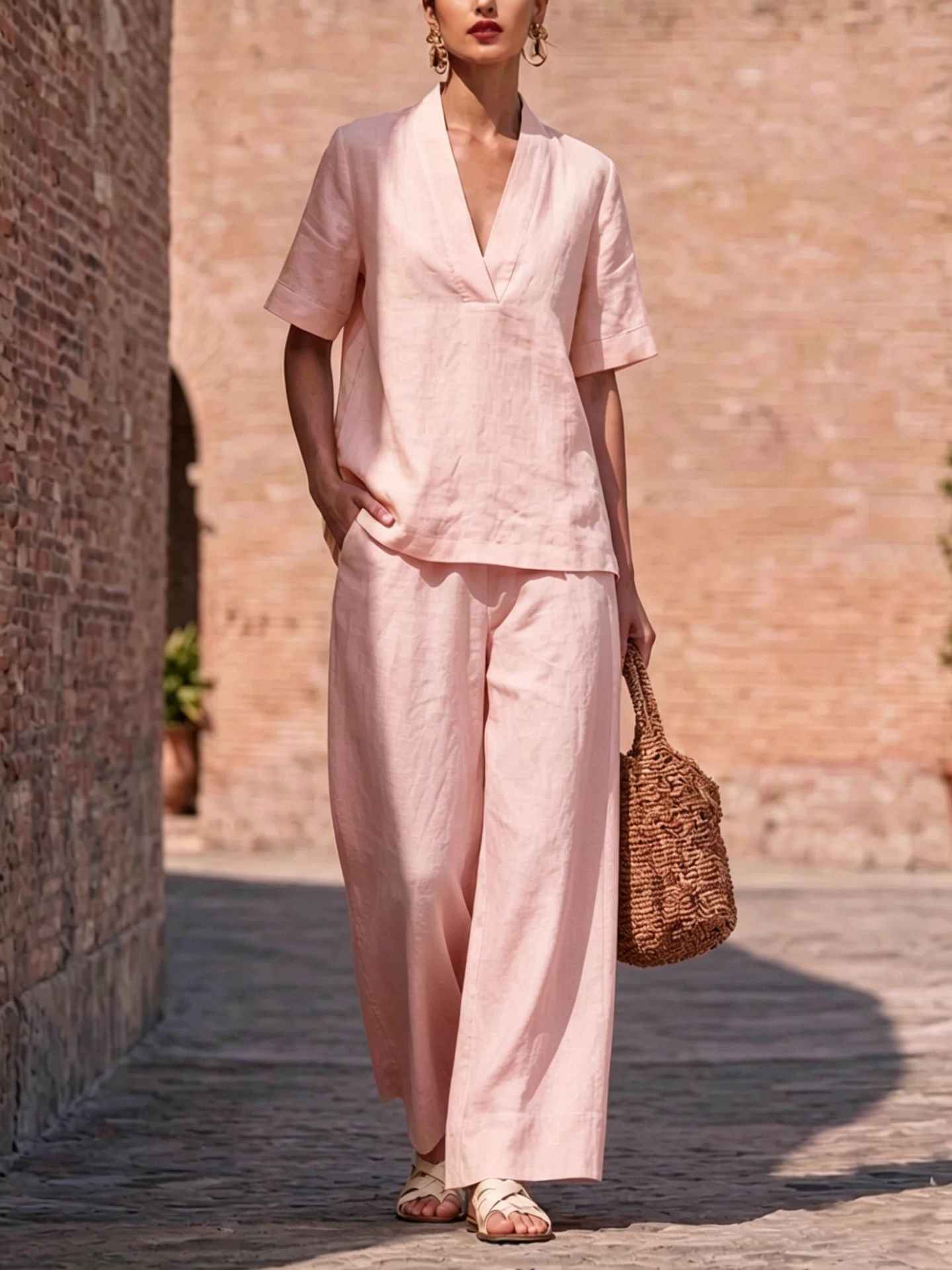 Womens Casual Solid-color V-neck Short-sleeve Long-pants Set