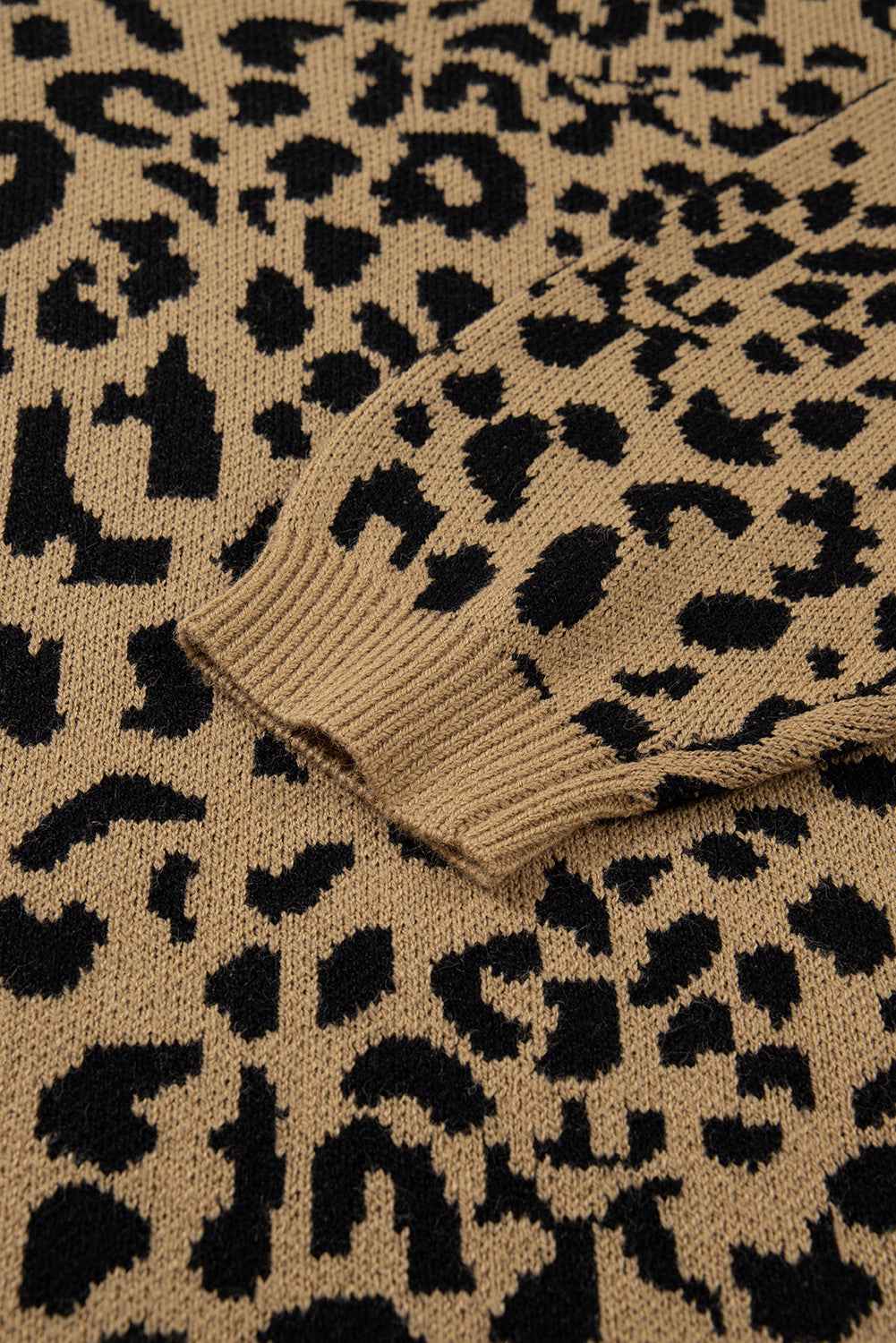 Light French Beige Ribbed Trim Round Neck Leopard Drop Shoulder Sweater