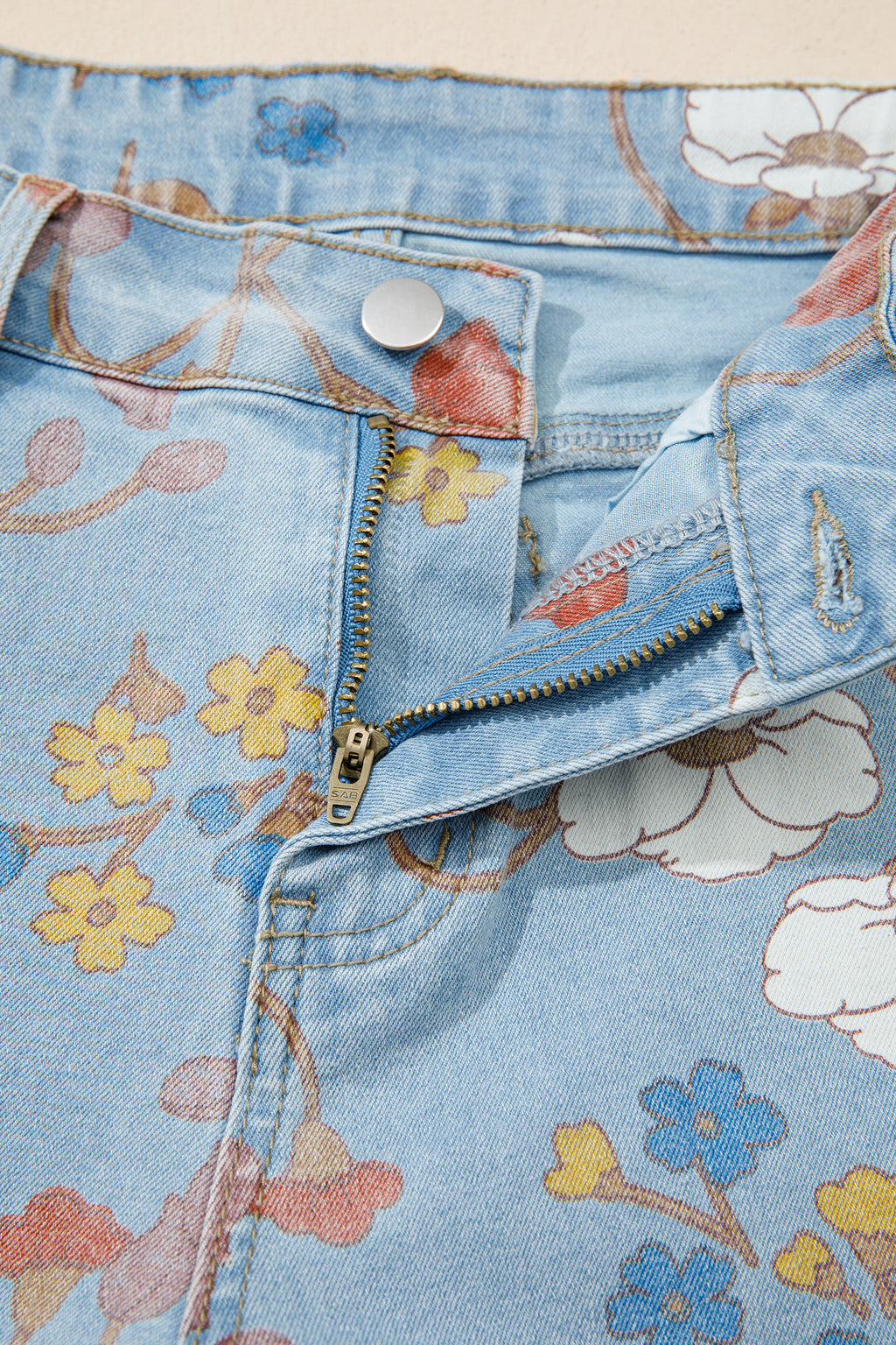 Sky Blue Floral Printed Raw Hem Shift Jeans
