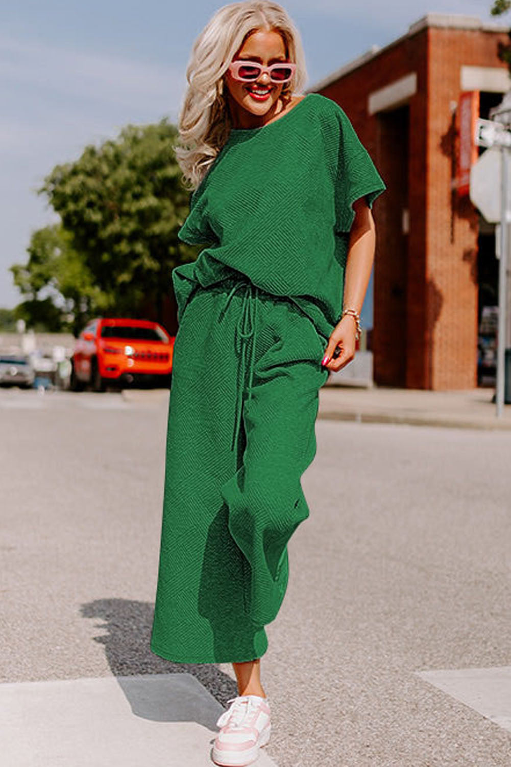 Dark Green Textured Loose Fit T Shirt and Drawstring Pants Set Dear-Lover Dropshipping