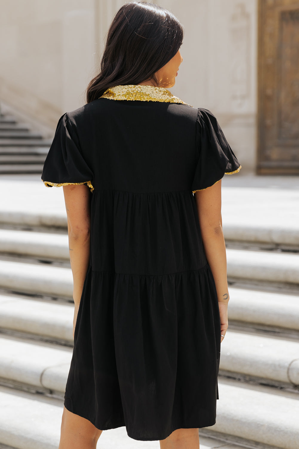 Black Sequin Trim Bubble Sleeve Game Day Shirt Dress Dear-Lover Dropshipping