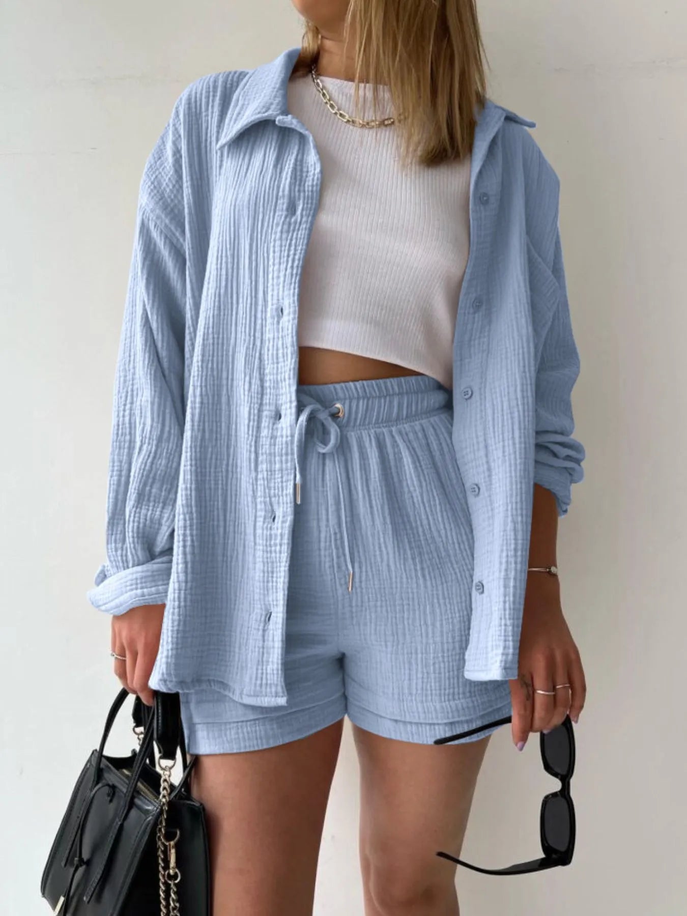 Button Up Shirt and Shorts Set for women.