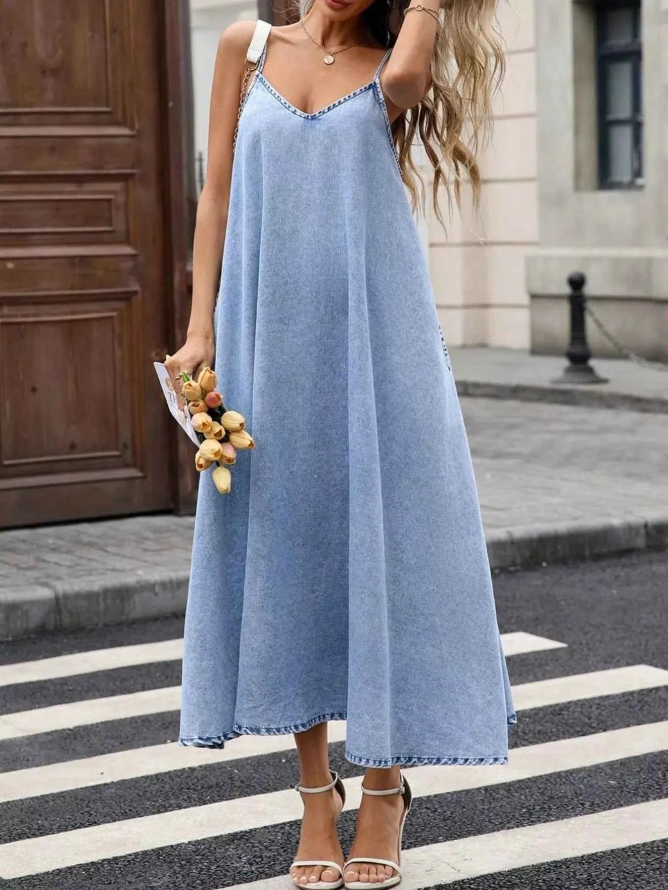 V-Neck Denim Cami Dress