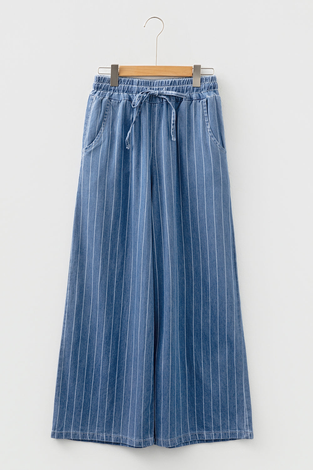 Blue Stripe Chambray Wide Leg Tied Elastic Waist Trousers Dear-Lover Dropshipping