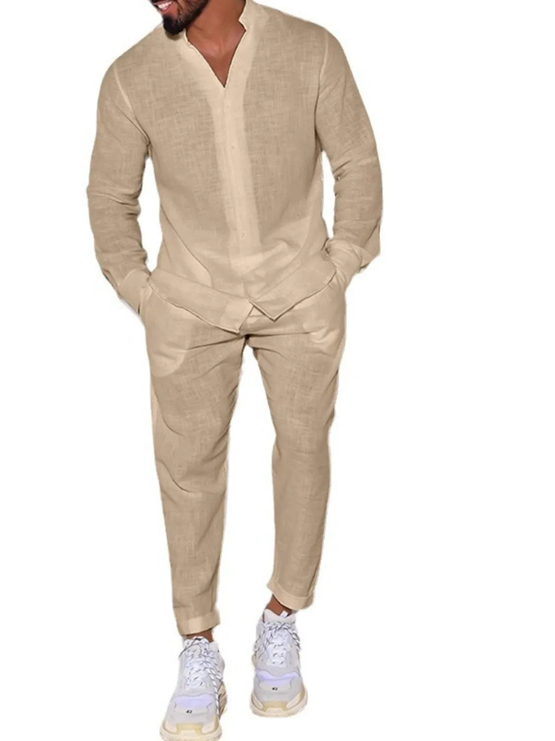 Men's Button Up Long Sleeve Top and Pants Set.