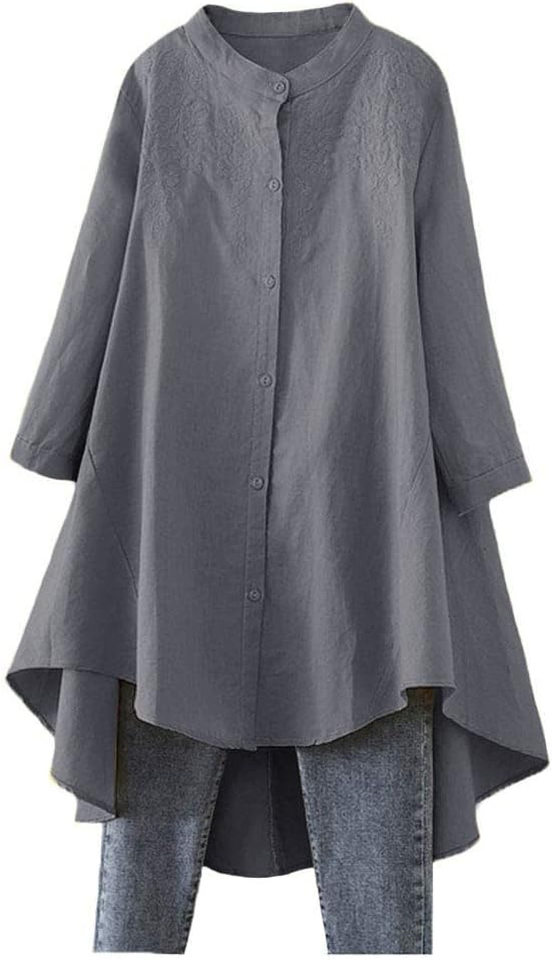 Minibee Women'S Cotton Linen Shirt High Low Button down Embroidered Blouse Long Sleeve Tunic Tops