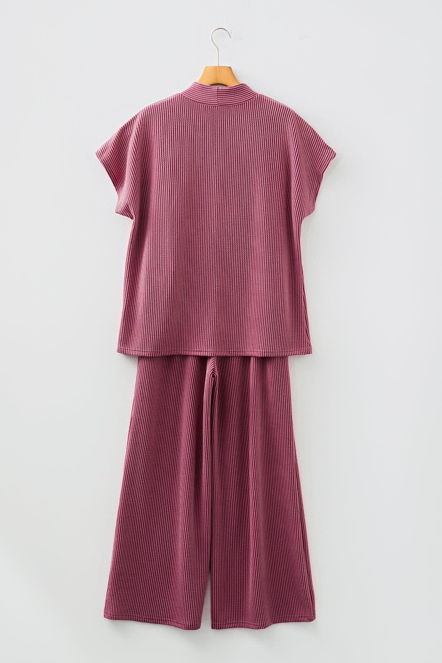 Burgundy Twisted Ribbed High Neck Loose Tee Elastic High Waist Loose Pant Set