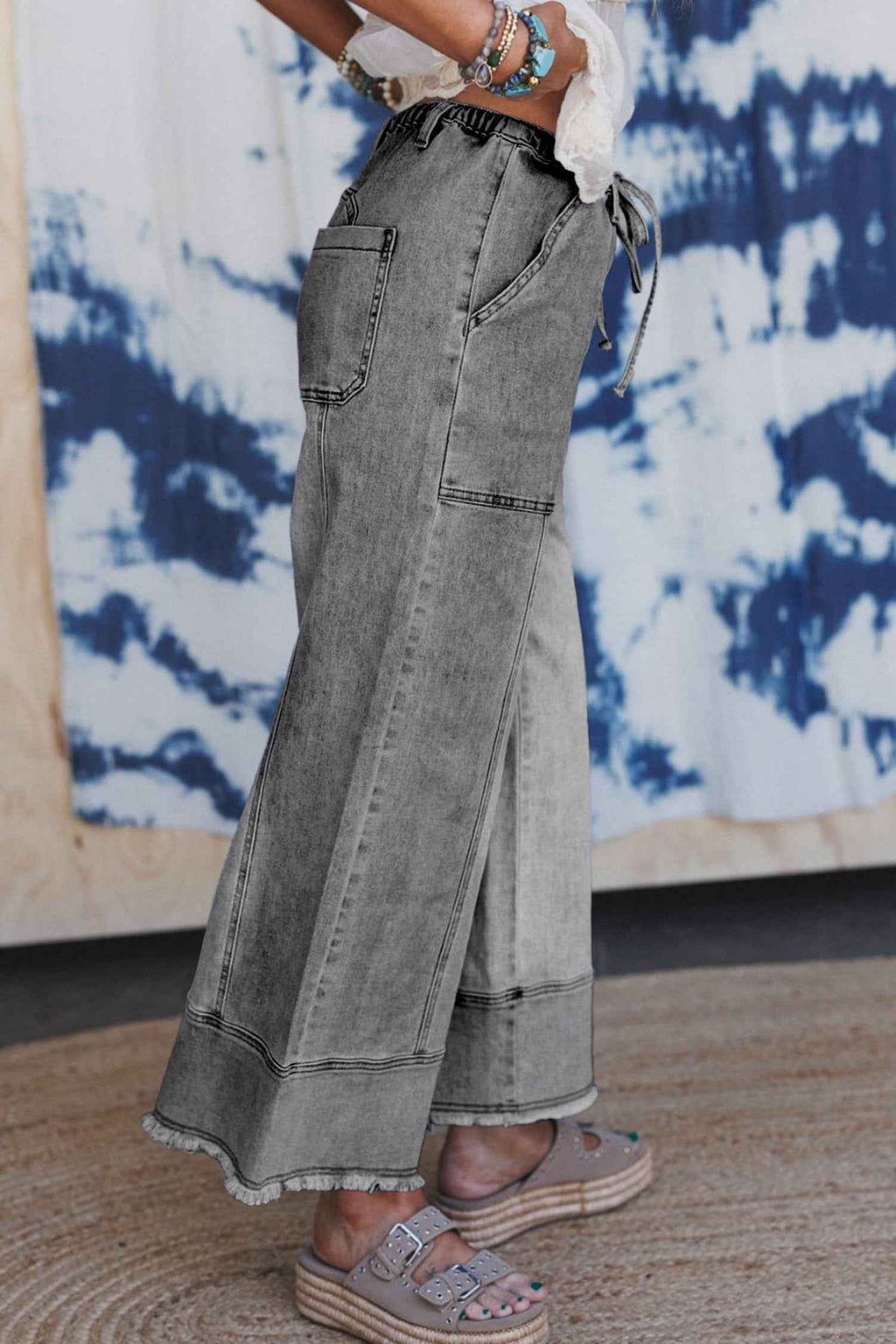 Gray Drawstring Seam Detail Raw Hem Wide Leg Denim Pants
