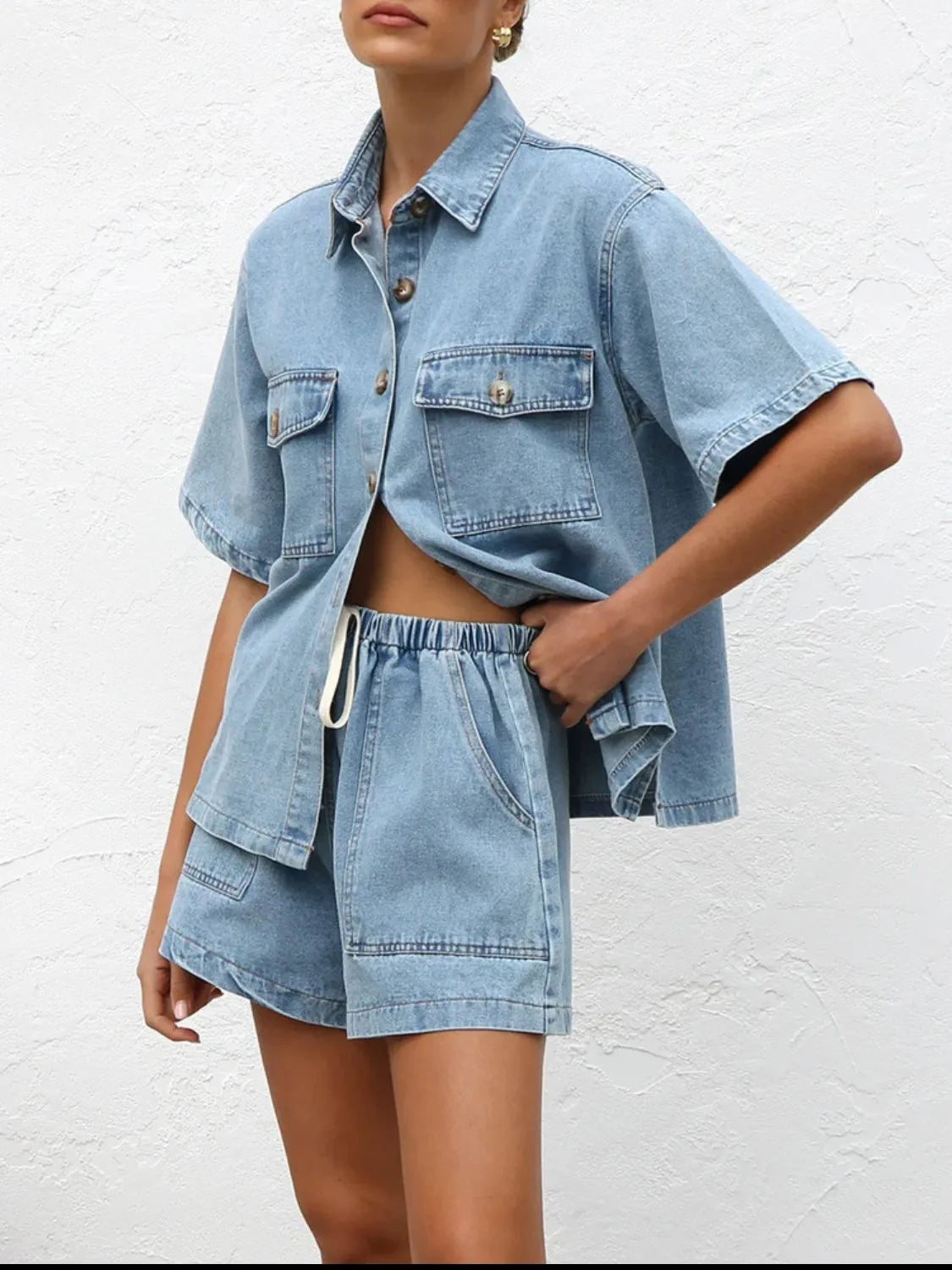 Button Up Short Sleeve Top and Shorts Denim Set.