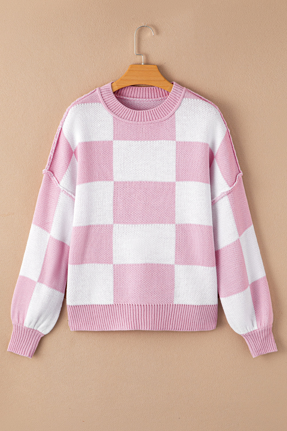Pink Checkered Bishop Sleeve Sweater Dear-Lover Dropshipping