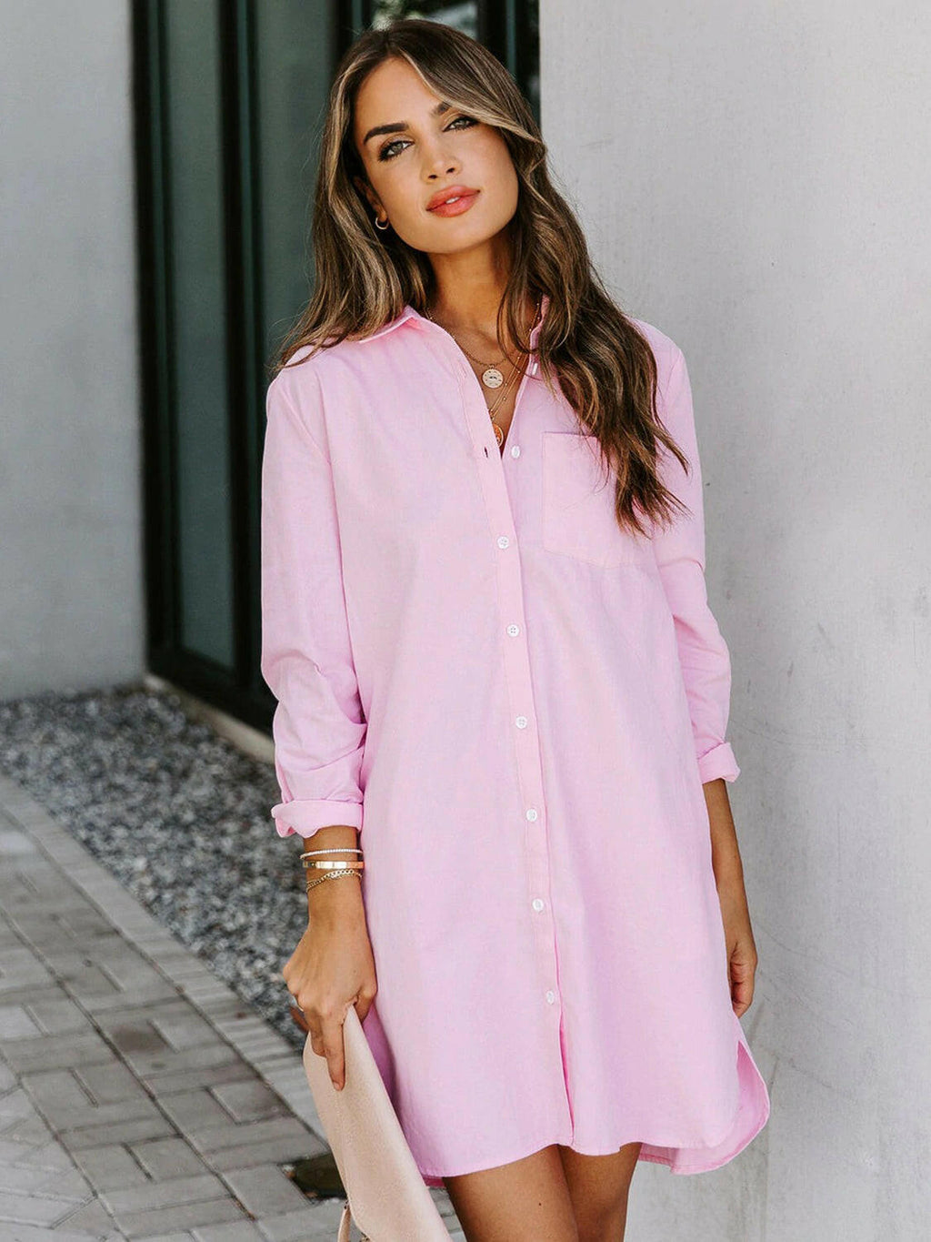 Lovelet Button Up Collared Neck Long Sleeve Shirt Dress.