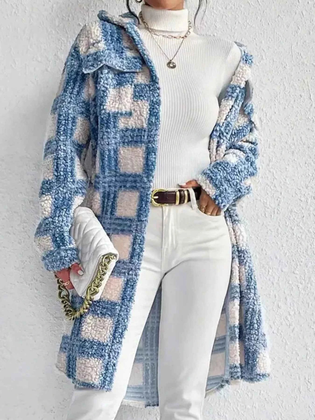 Plaid Button Up Long Sleeve Fleece Coat
