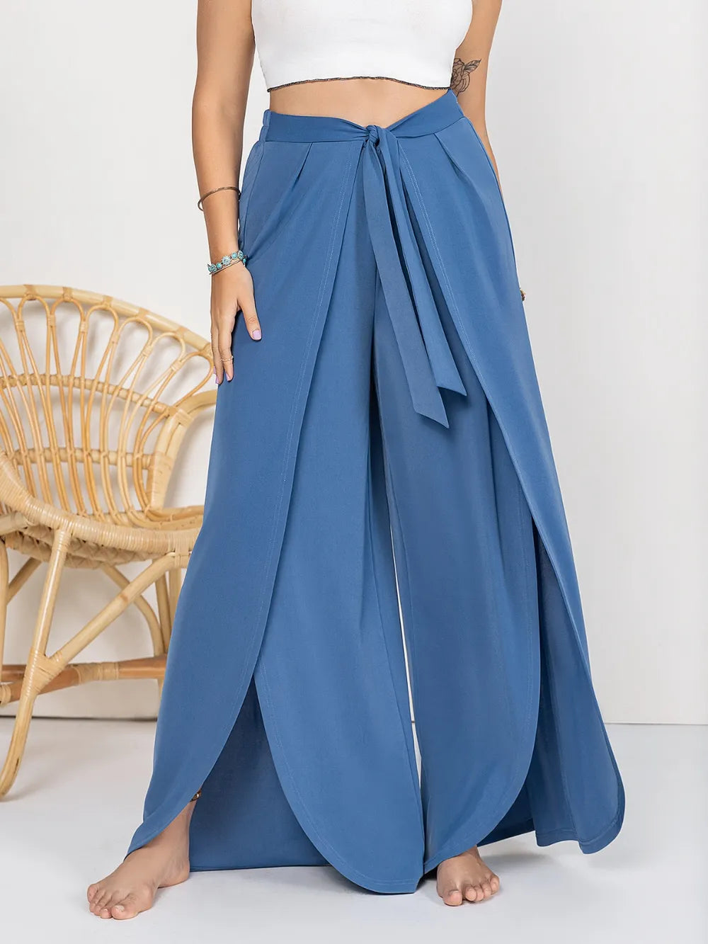 Tied Slit Wide Leg Pants.