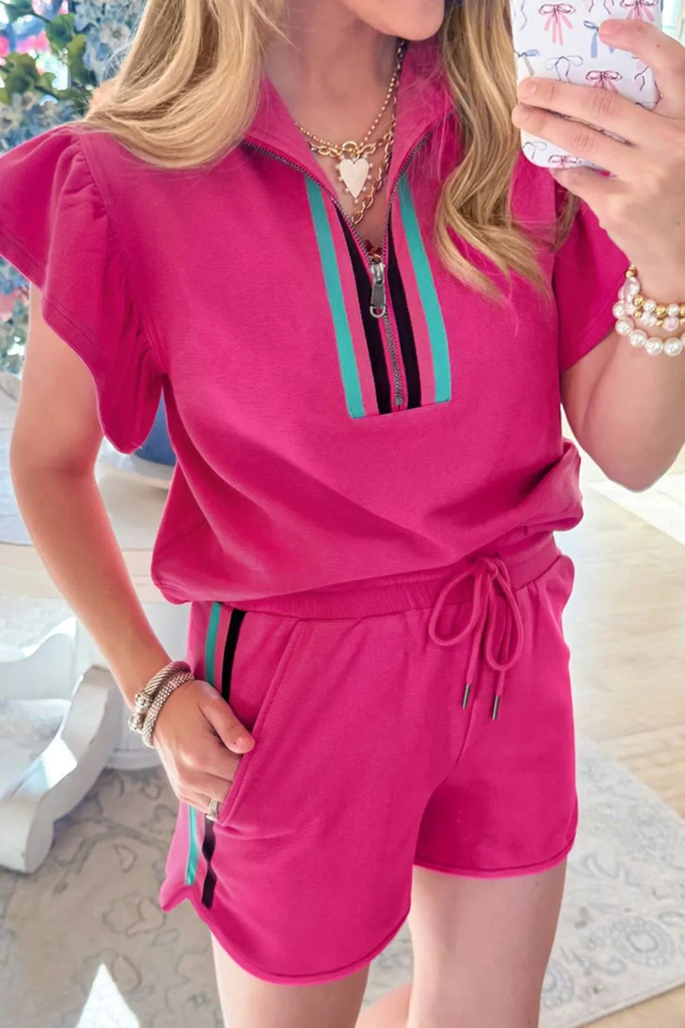 Flutter Sleeve Zipped Collar Top and Short Set.