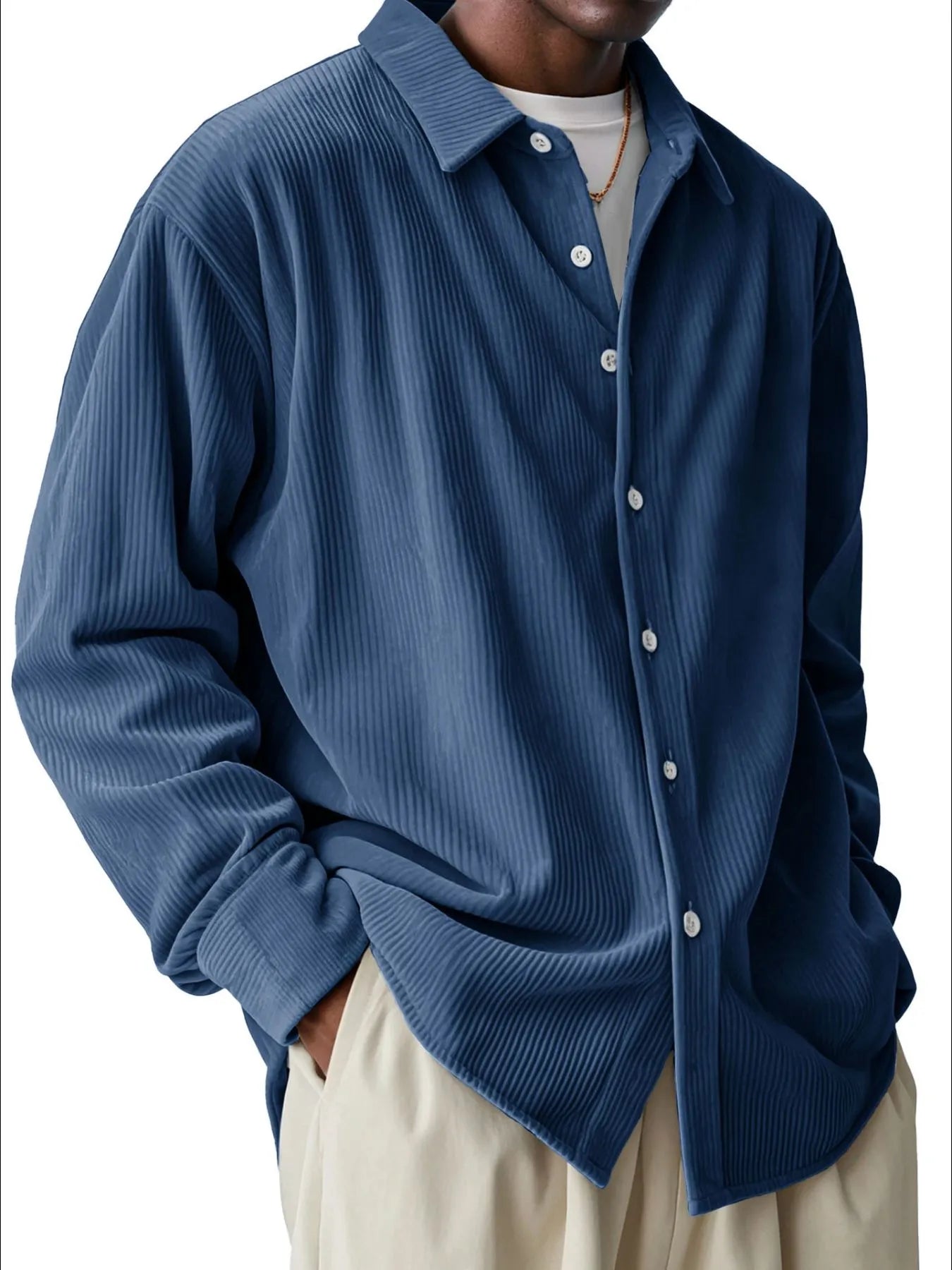 Men's Full Size Textured Button-Down Corduroy Shirt Plus Size.