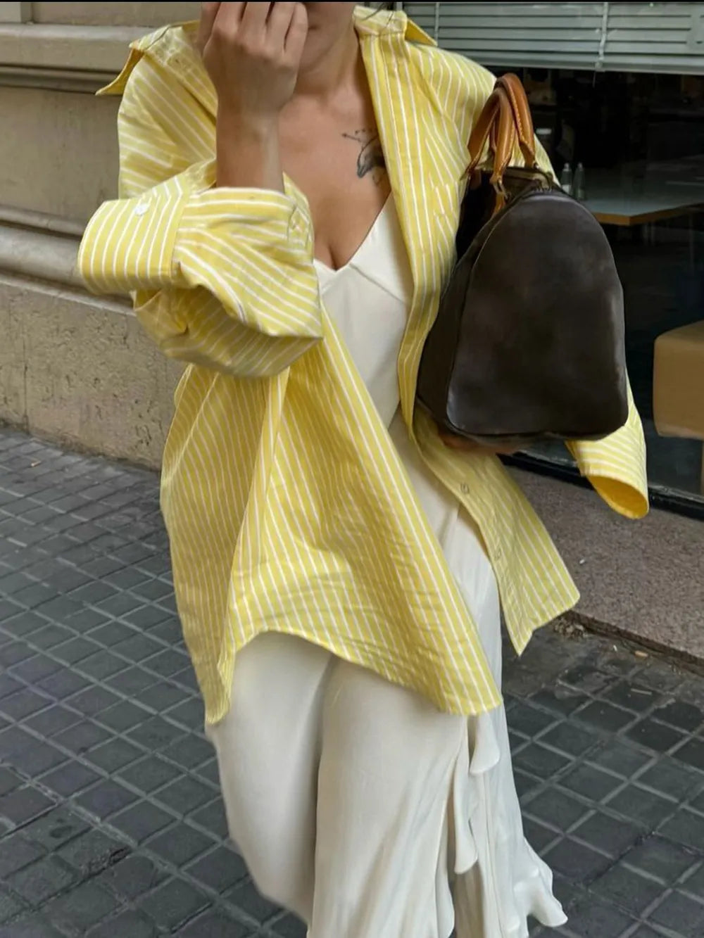 Devine Striped Collared Neck Long Sleeve Shirt.