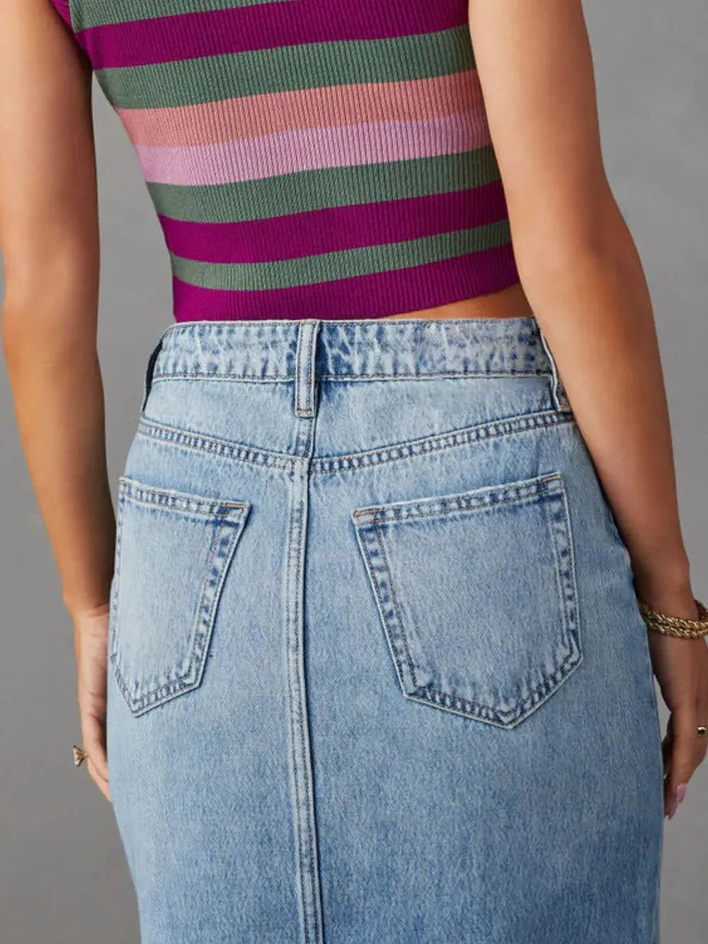 Raw Hem Front Slit Denim Midi Skirt.