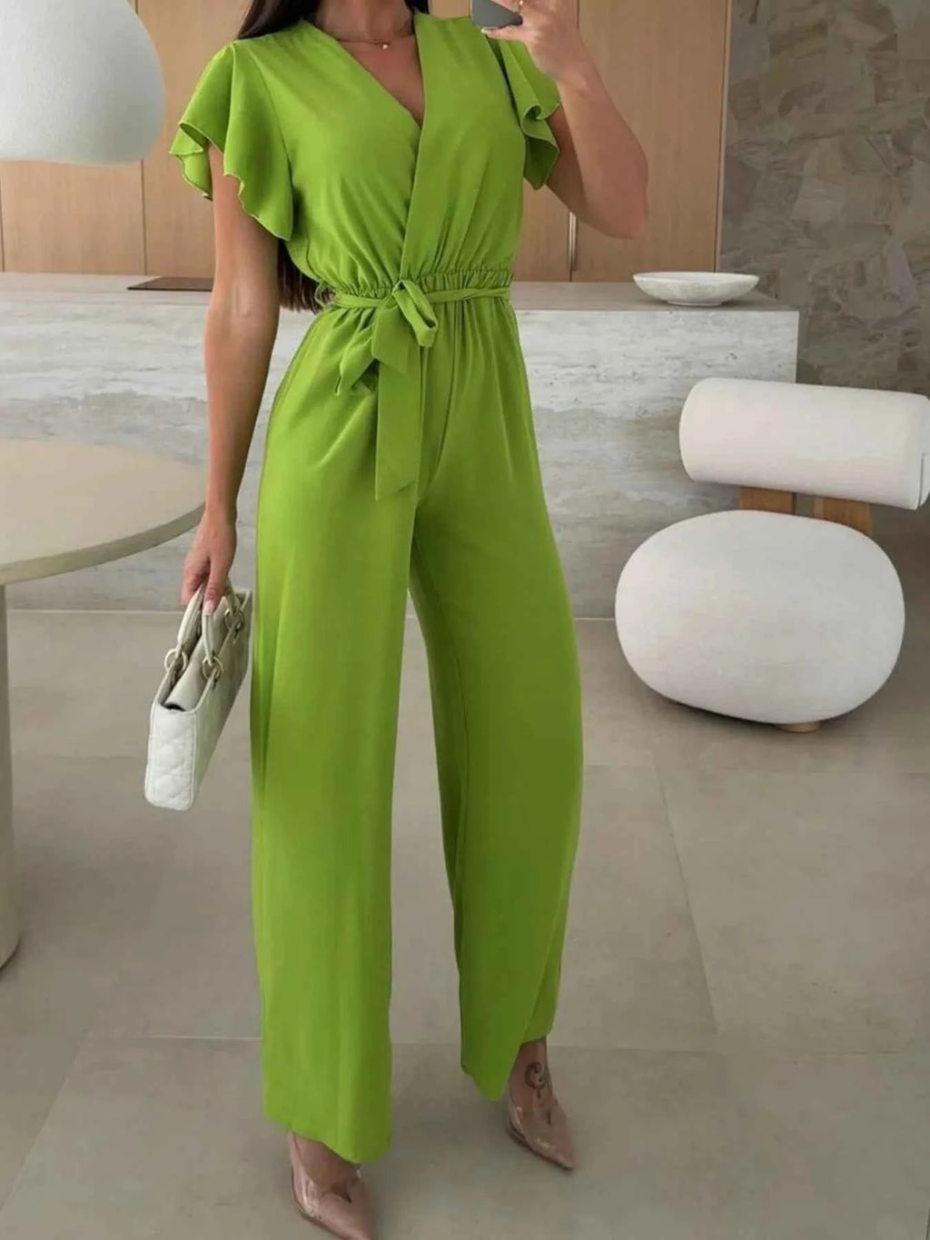 Surplice Wide Leg Belted Jumpsuit