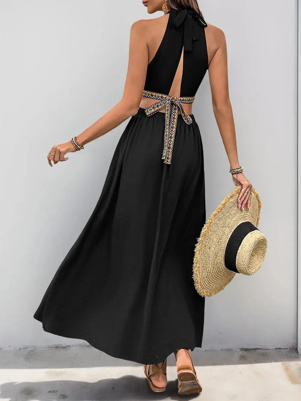 Perfee Cutout Grecian Neck Tied Back Dress.