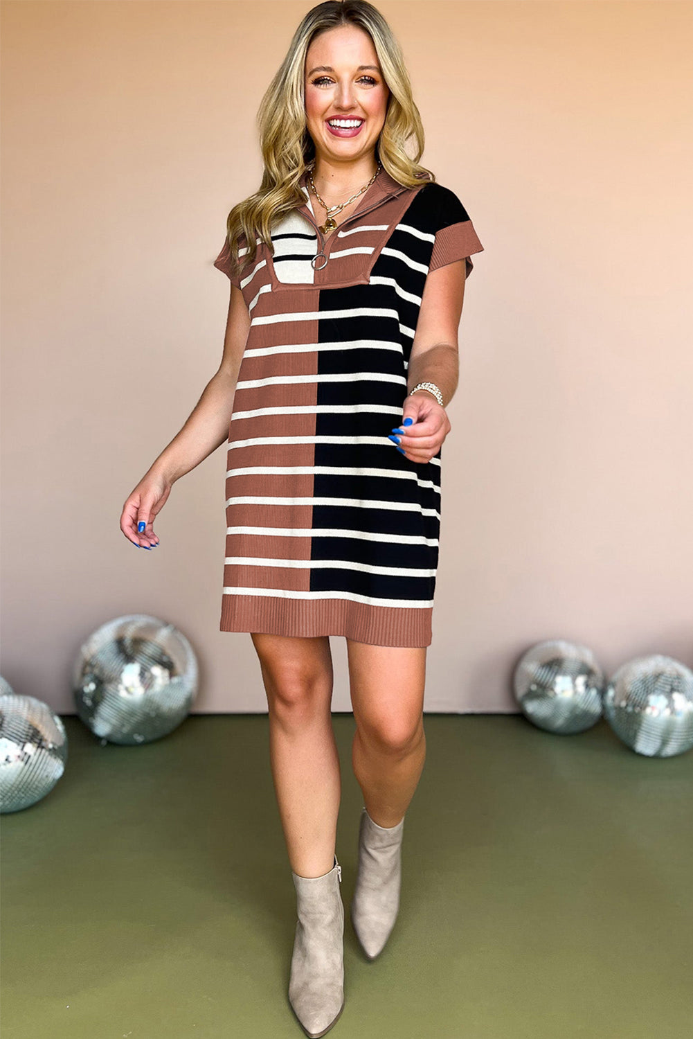 Black Stripe Color Block Quarter Zip Collar Short Sleeve Sweater Dress Dear-Lover Dropshipping