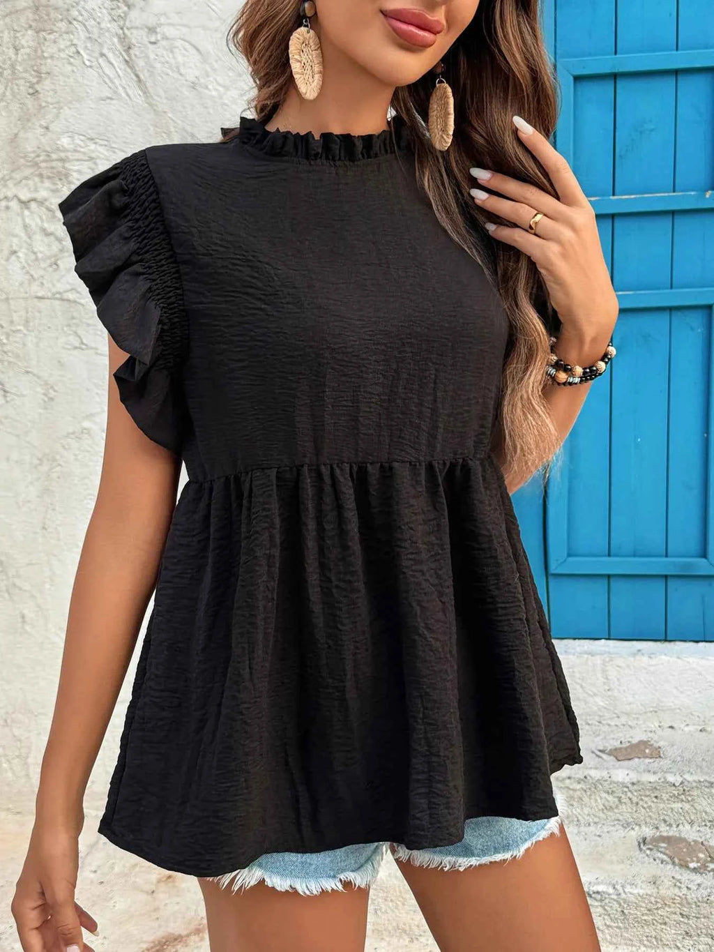 Ruffled Cap Sleeve Blouse