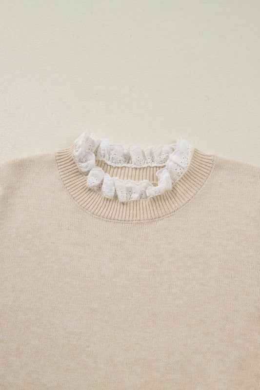 Lace Trim Patchwork Buttoned Cuff Sweater