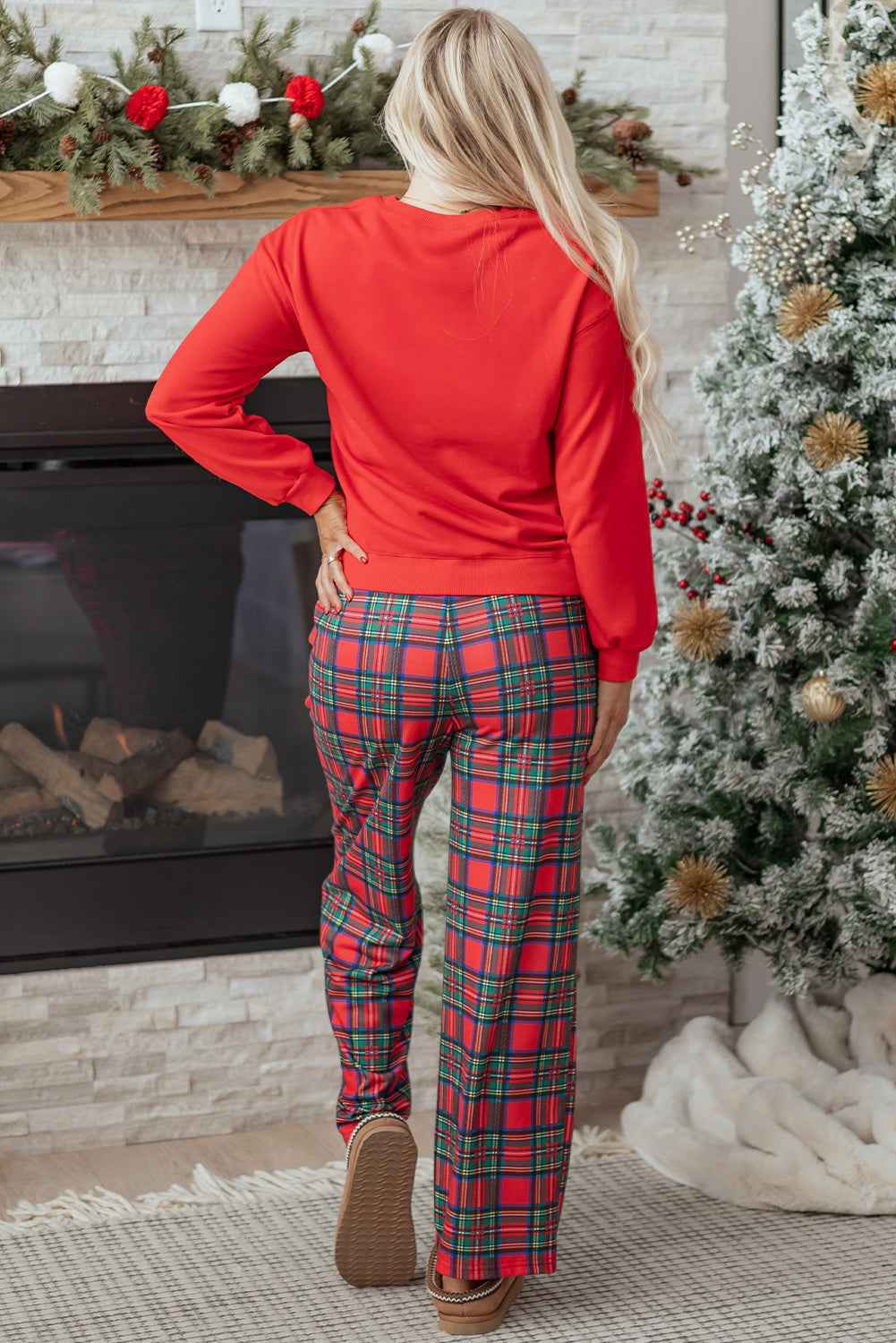 Red Plaid Mama Graphic Christmas Holiday Crewneck Pullover and Pants Two Piece Lounge Set