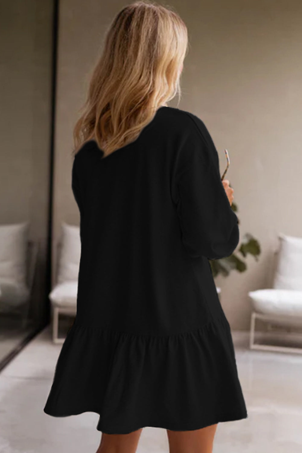 Black Solid Color Puff Sleeve Ruffle Hem Mini Dress Dear-Lover Dropshipping