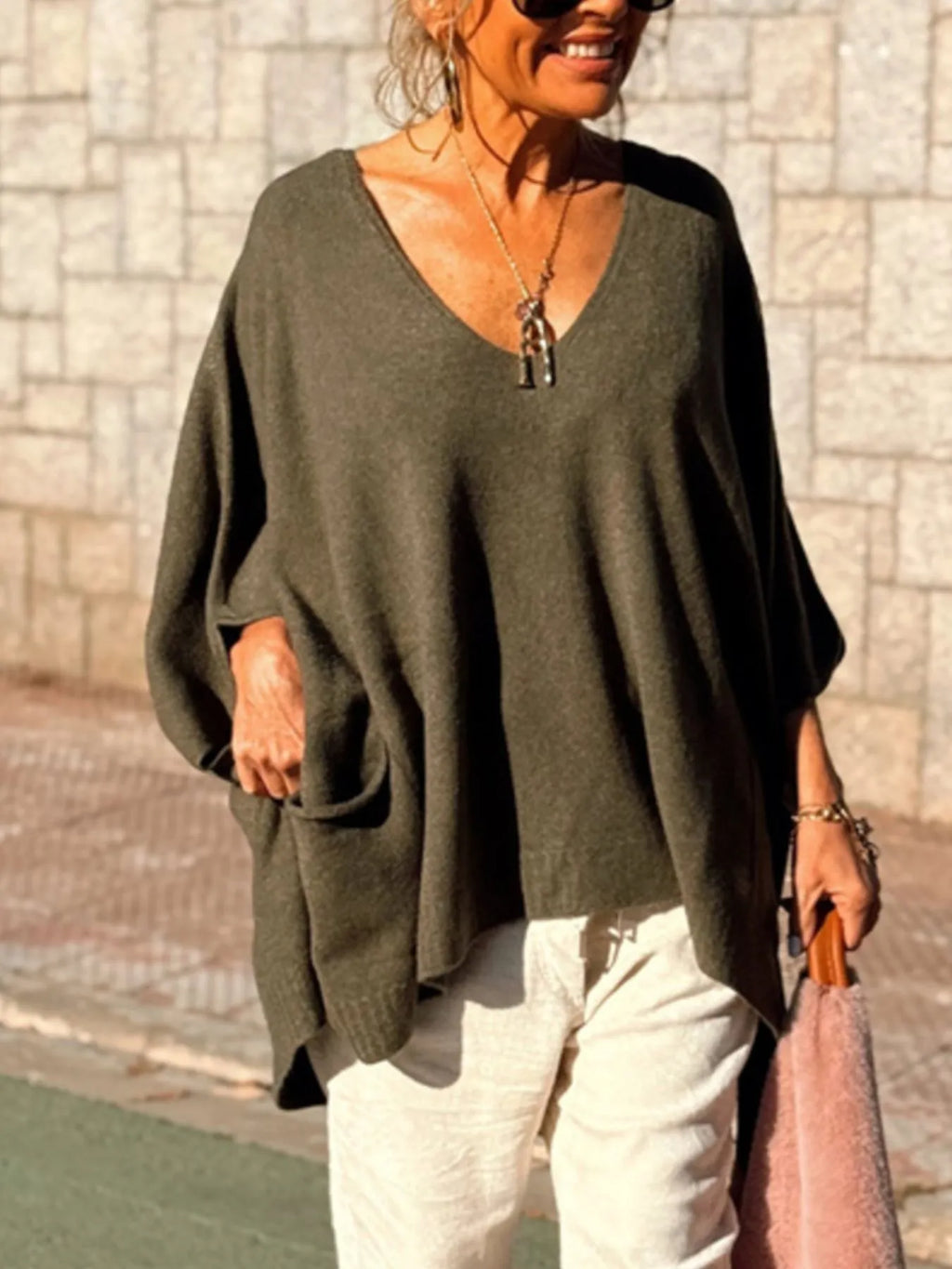 Ribbed Hem V-Neck Sweater.