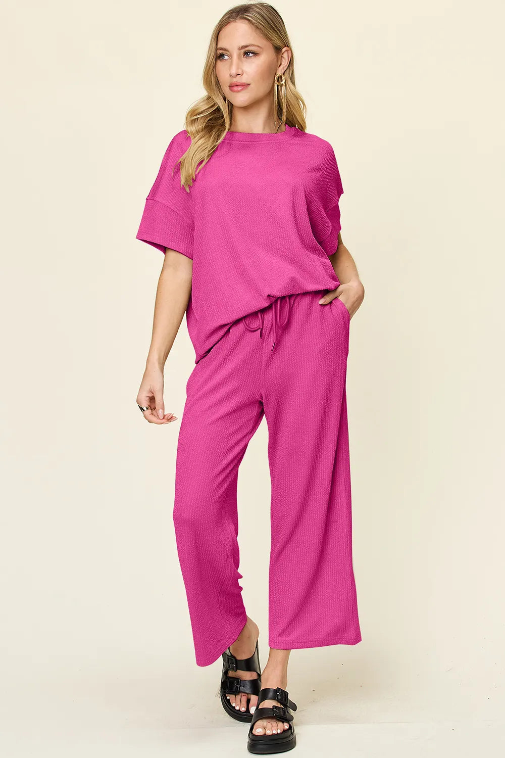 Double Take Full Size Texture Round Neck Short Sleeve T-Shirt and Wide Leg Pants - CHIC TB