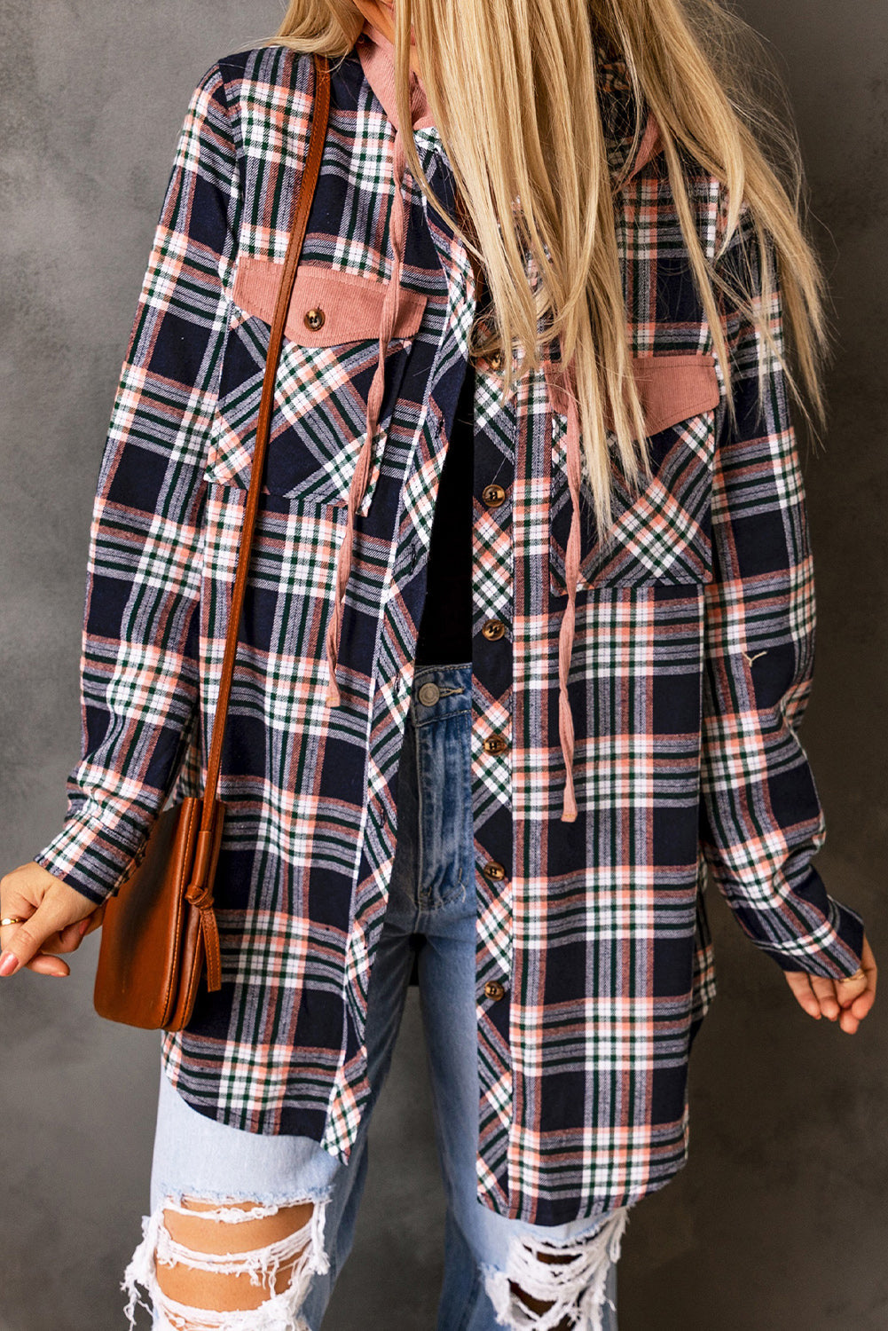 Pink Contrast Hooded Drawstring Plaid Shacket Dear-Lover Dropshipping