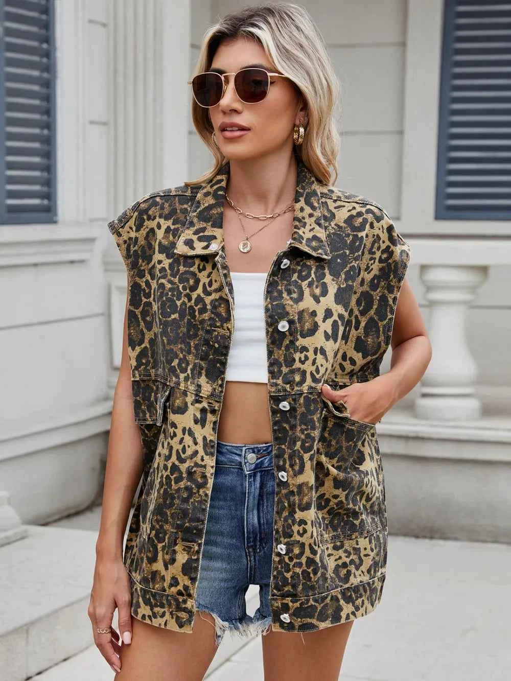 Leopard Buttton Up Denim Vest.